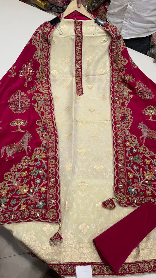 ✨ Sabyasachi Inspired Self Banarasi Tissue Designer Unstitched Suit Set