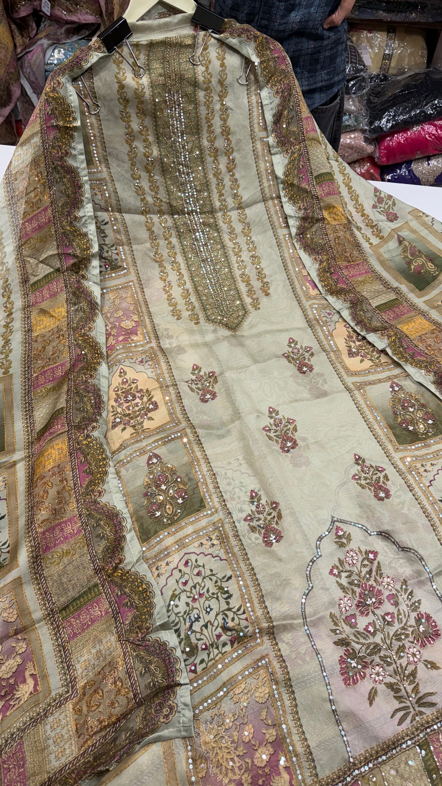 Luxury Unstitched Pure Burberry Tissue Suit | Designer Position Print with Heavy Zari & Sequence Hand Embroidery | Printed Dupatta & Cotton Silk Bottom Fabric | Festive Wedding Wear (US7236)