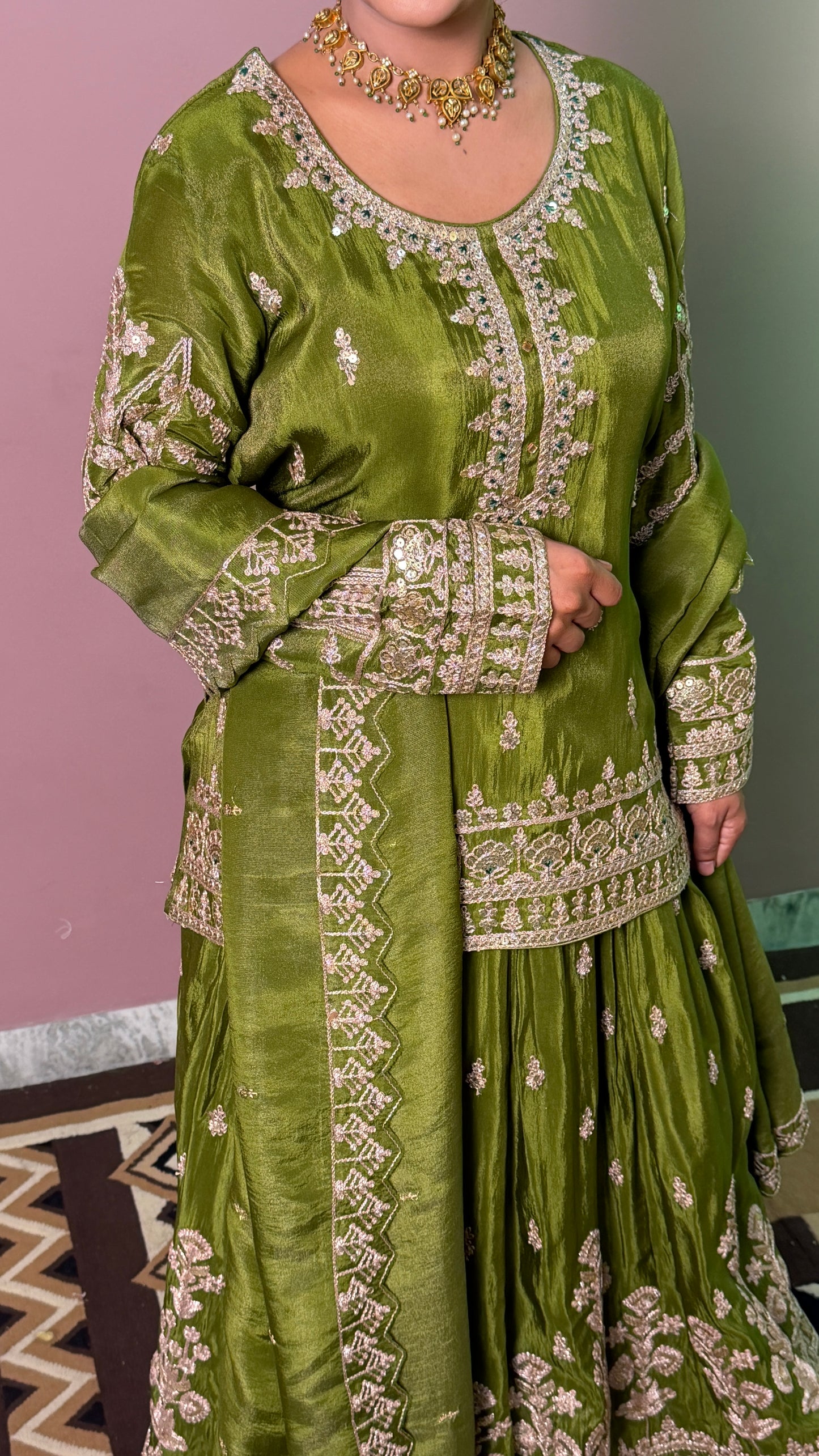 Olive Green Pure Tissue Designer Lehenga Suit with Embroidered Dupatta