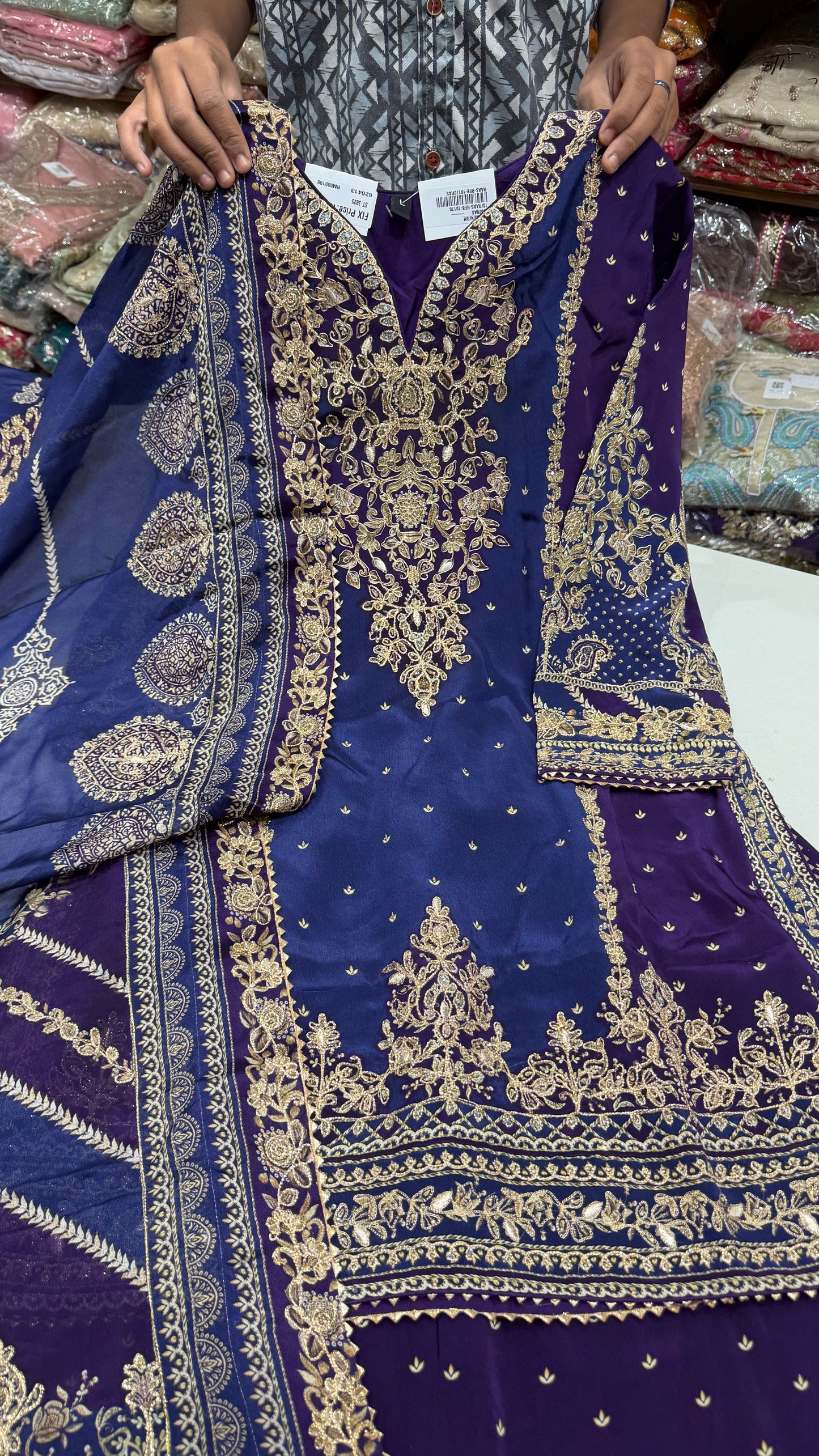 Royal Purple Readymade Farshi Salwar Suit | Pure Crepe Designer Suit with Heavy Zari Hand Embroidery | Chinon Dupatta Luxury Ethnic Wear
