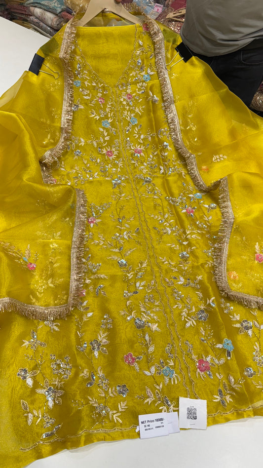 Unstitched Pure Glass Organza Hand Embroidered Achkan Suit with Kinari Lace Dupatta & Pure Crepe Bottom