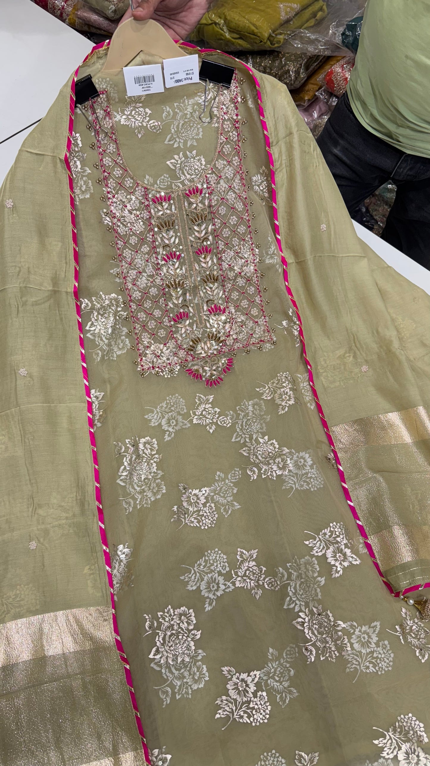 Designer Pure Organza Hand-Embroidered Unstitched Suit with Muslin Dupatta