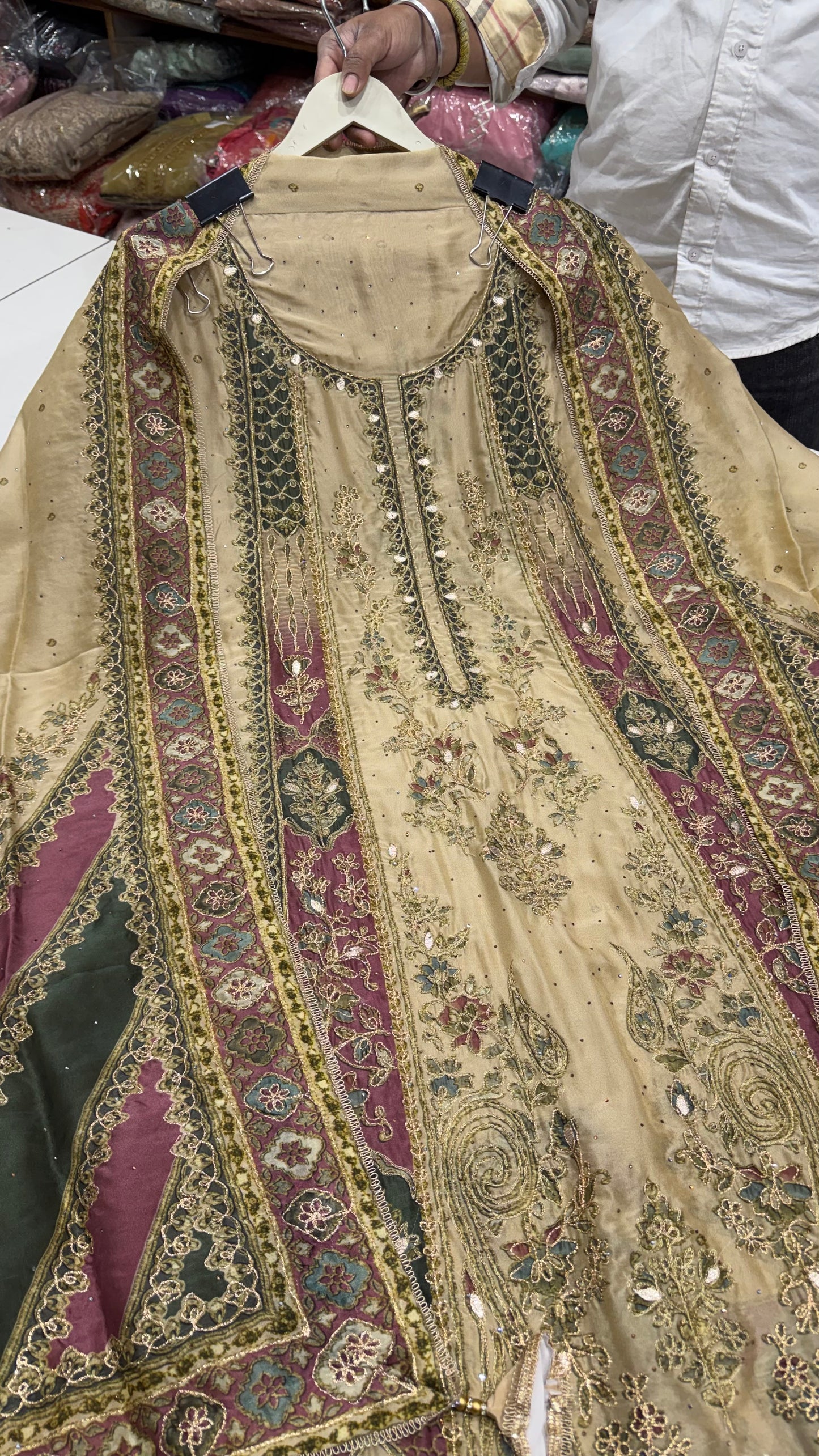 Sabyasachi Inspired Unstitched Pure Russian Silk Sabyasachi-Inspired Embroidered Suit with Heavy Crepe Bottom