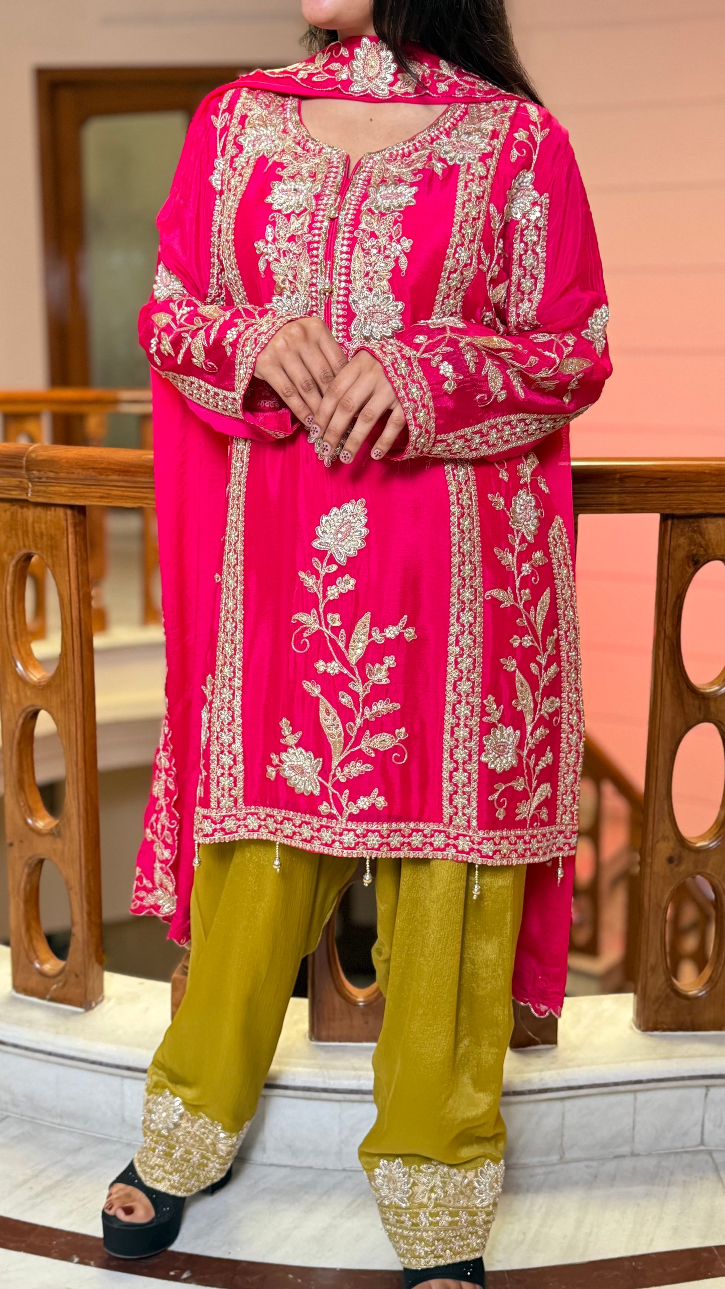 Rani Pink Pure Chinon Farshi Salwar Suit with Heavy Embroidery