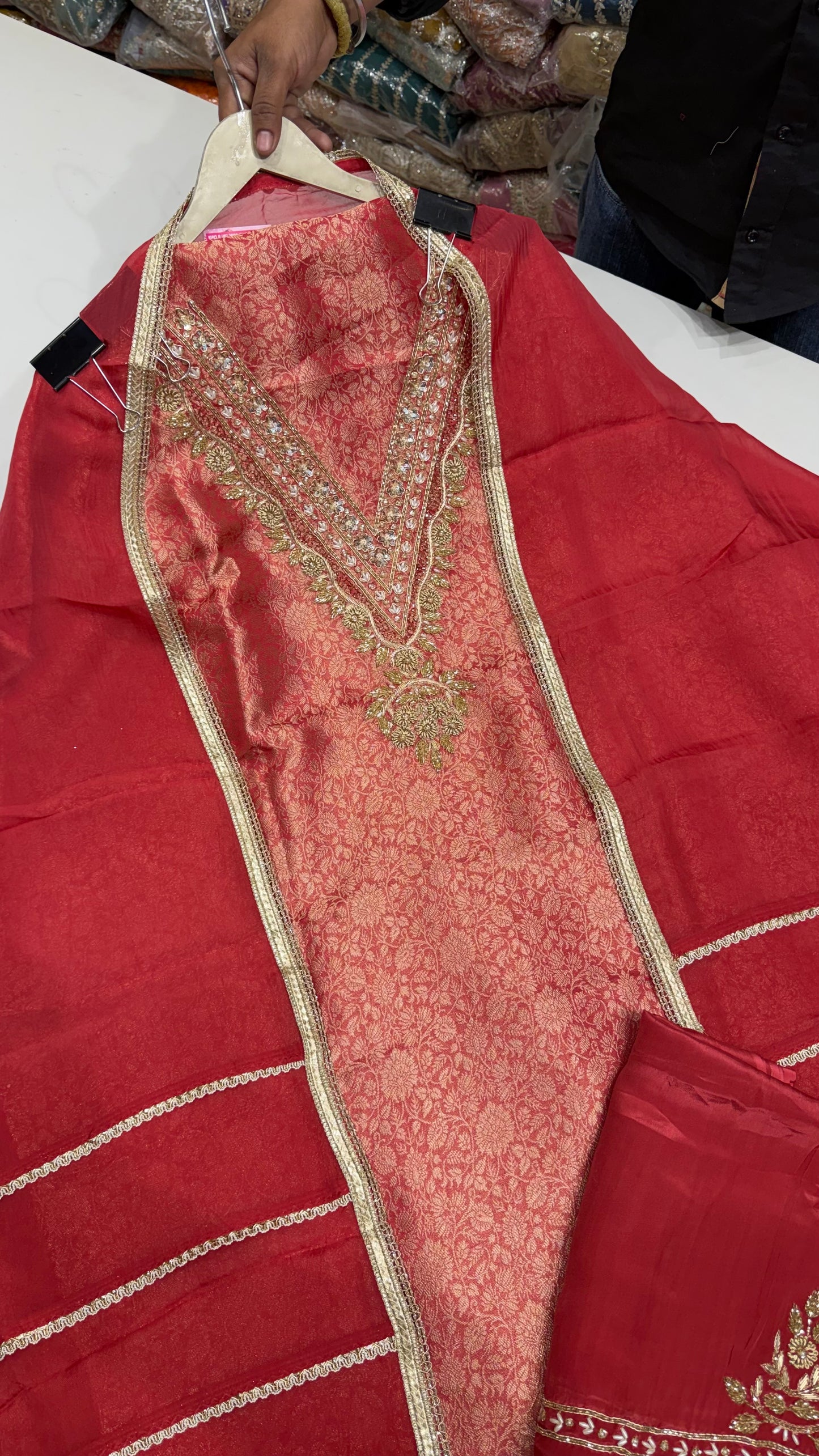 Designer Pure Brocket Silk Unstitched Suit with Zardozi Handwork & Organza Dupatta