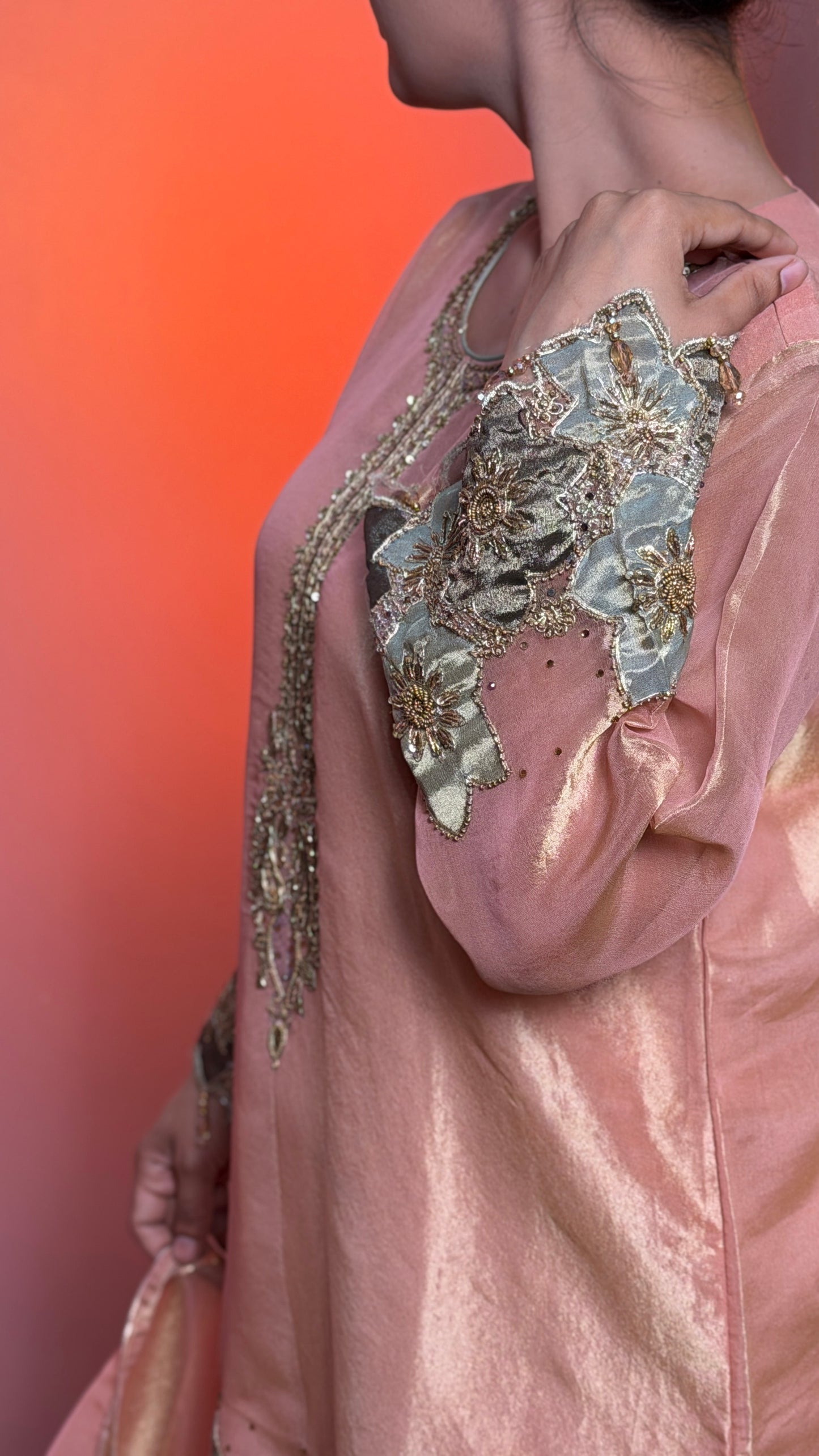 Blush Peach Pure Tissue Handcrafted Zardozi Straight Suit with Pants