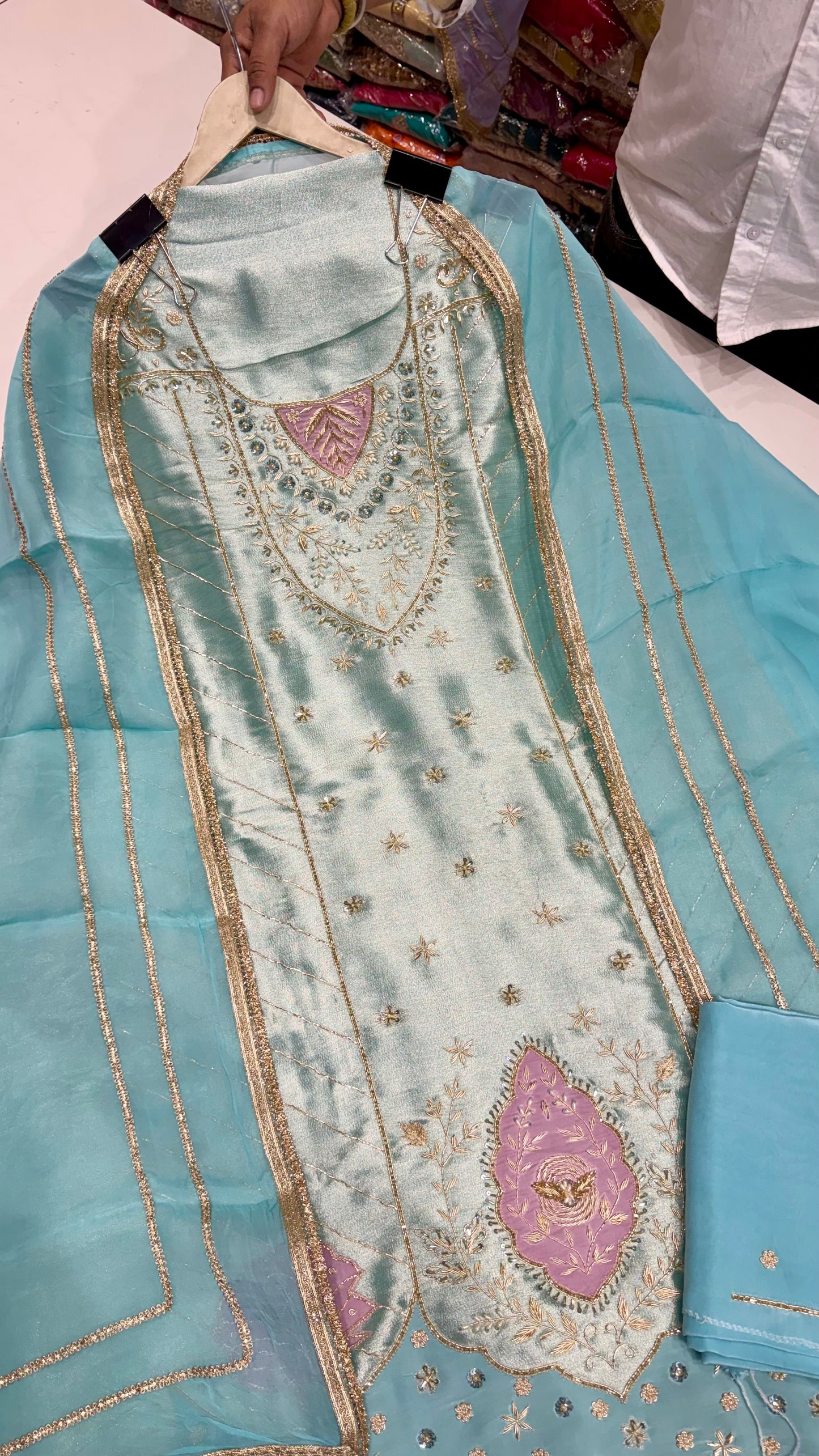 Designer Pure Shimmer Silk Unstitched Suit with Zardozi Handwork & Organza Dupatta