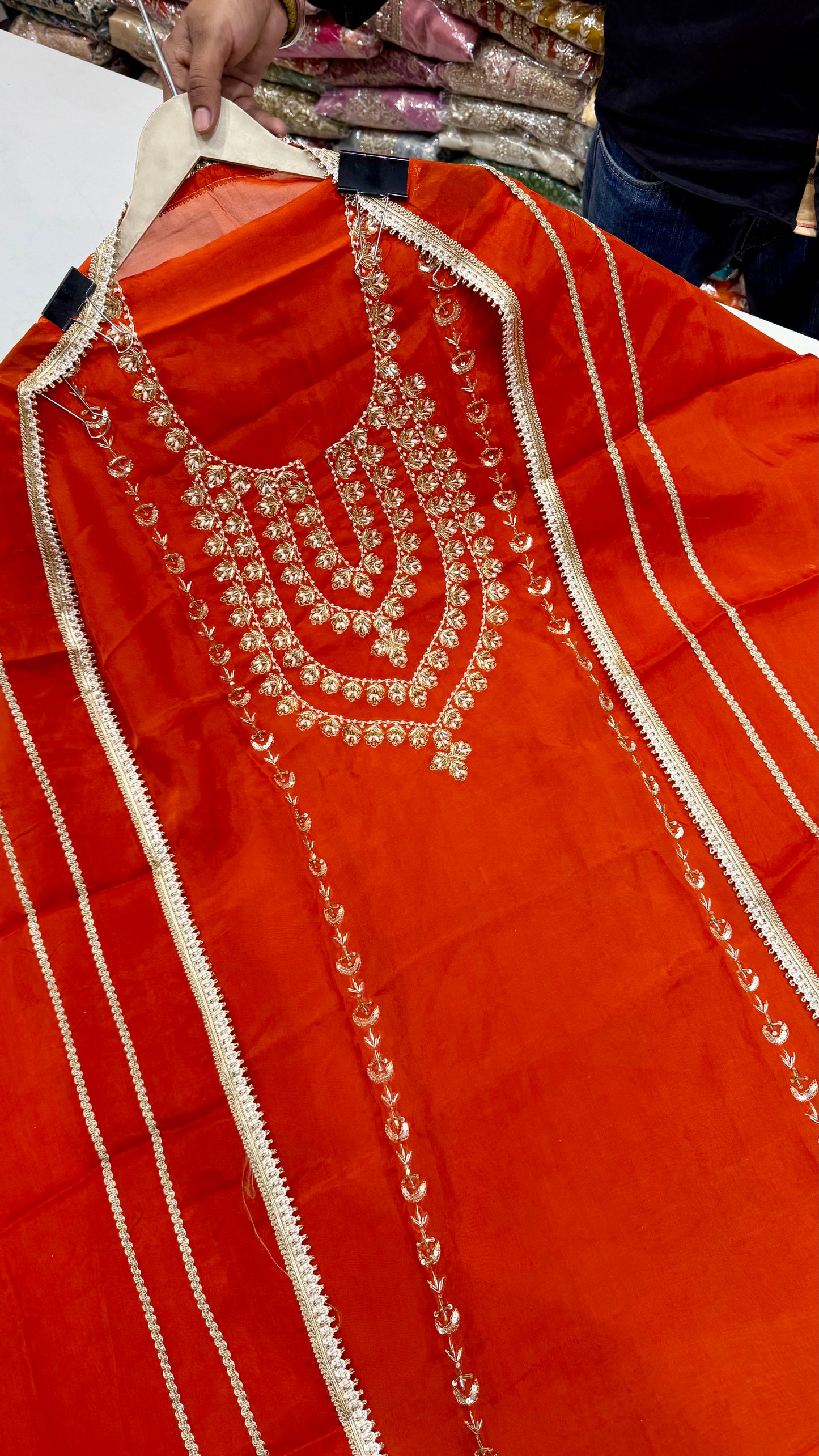 Elegant Pure Opada Silk Unstitched Suit with Zardozi Handwork & Organza Dupatta