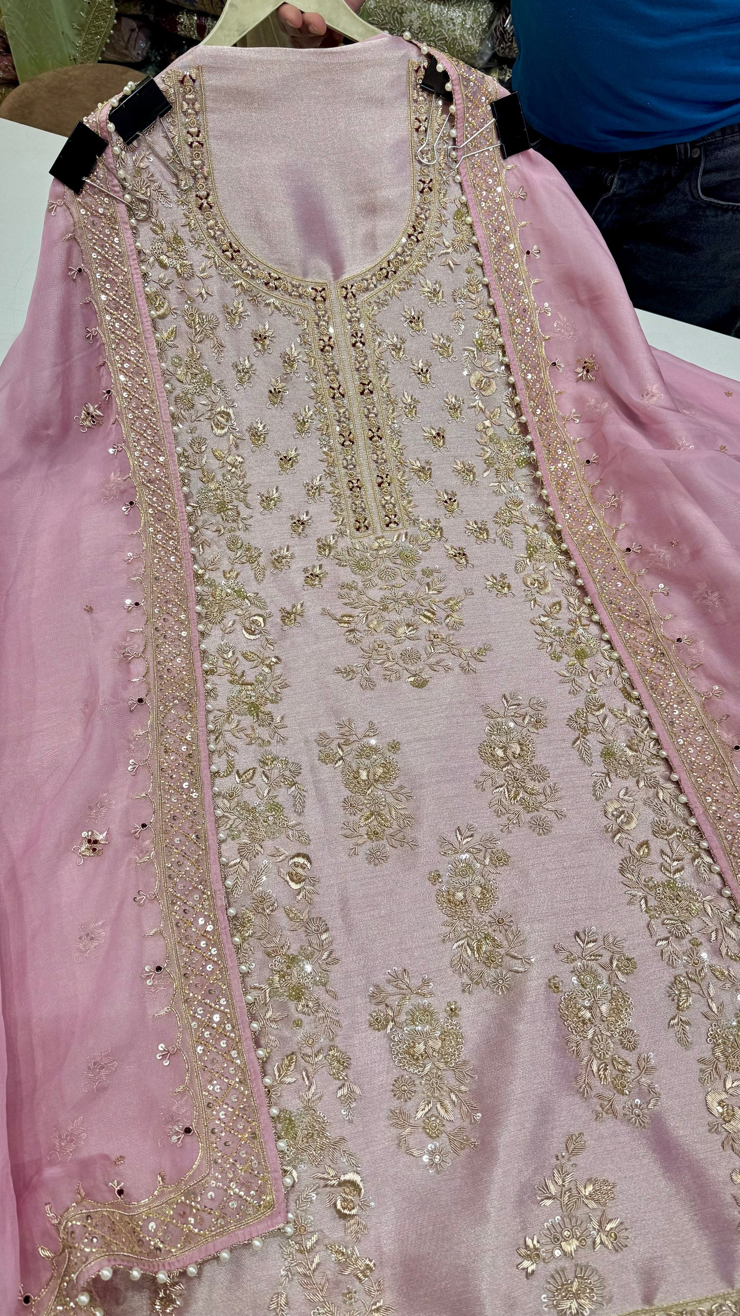 Pure Shimmer Tissue Unstitched Suit with Zardozi & Dabka Hand Embroidery