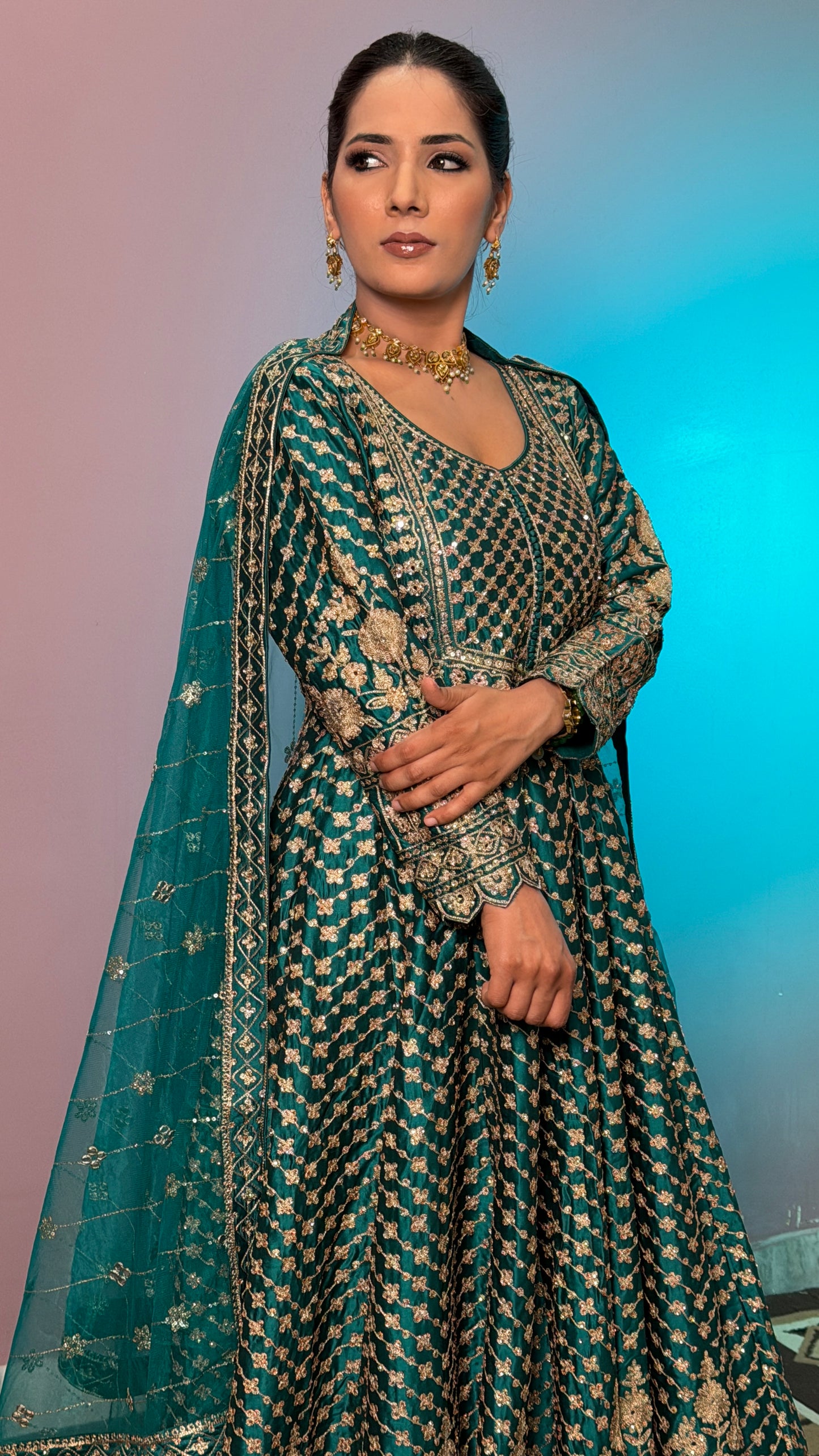 Emerald Royal Pure Silk Floor Length Anarkali Suit with Embroidered Net Dupatta