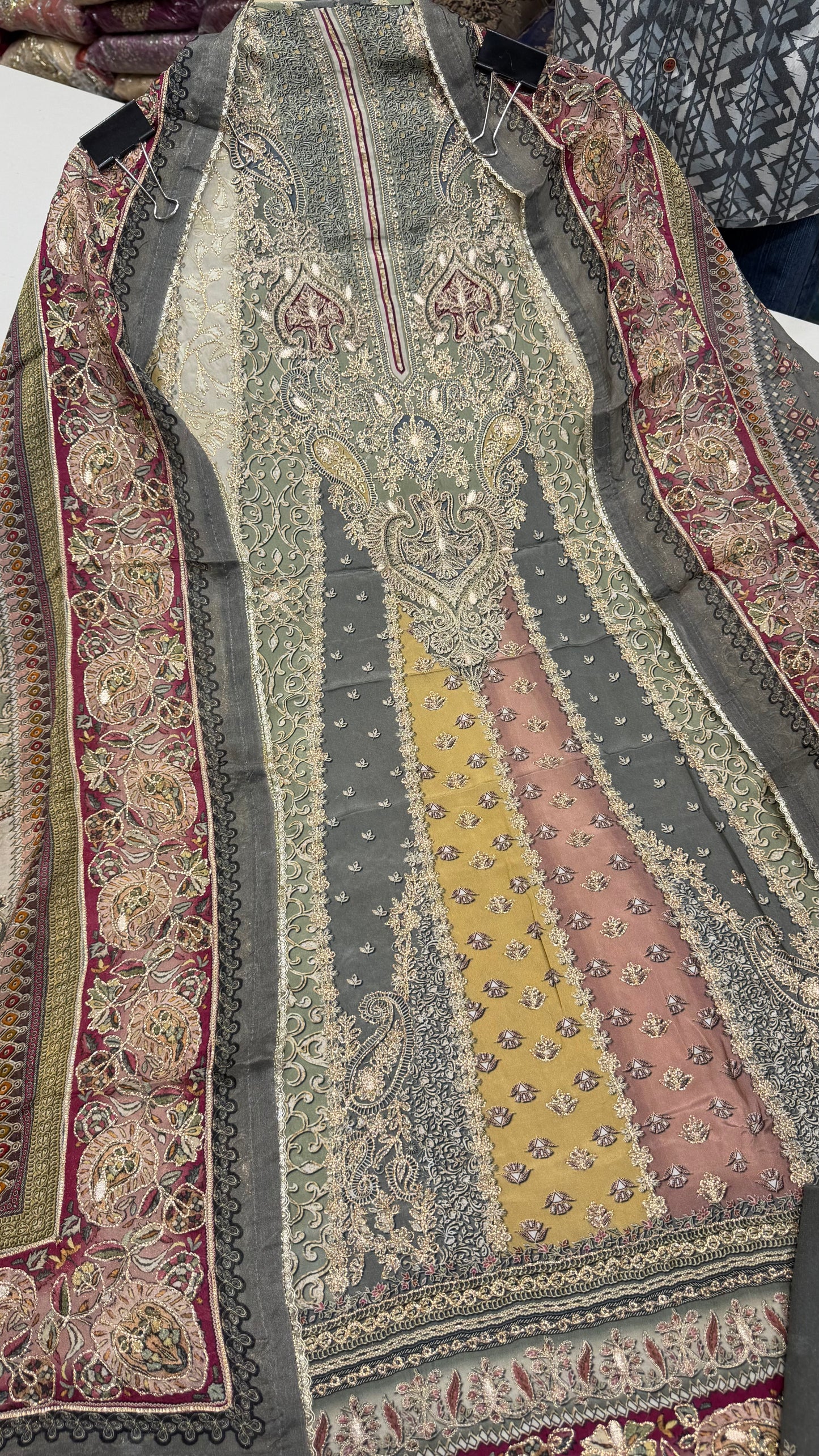 Sabyasachi Inspired A-Line Premium Unstitched Pure Crepe Suit with Designer Chinon Dupatta | Zari Aari Embroidery | Luxury Wedding Wear