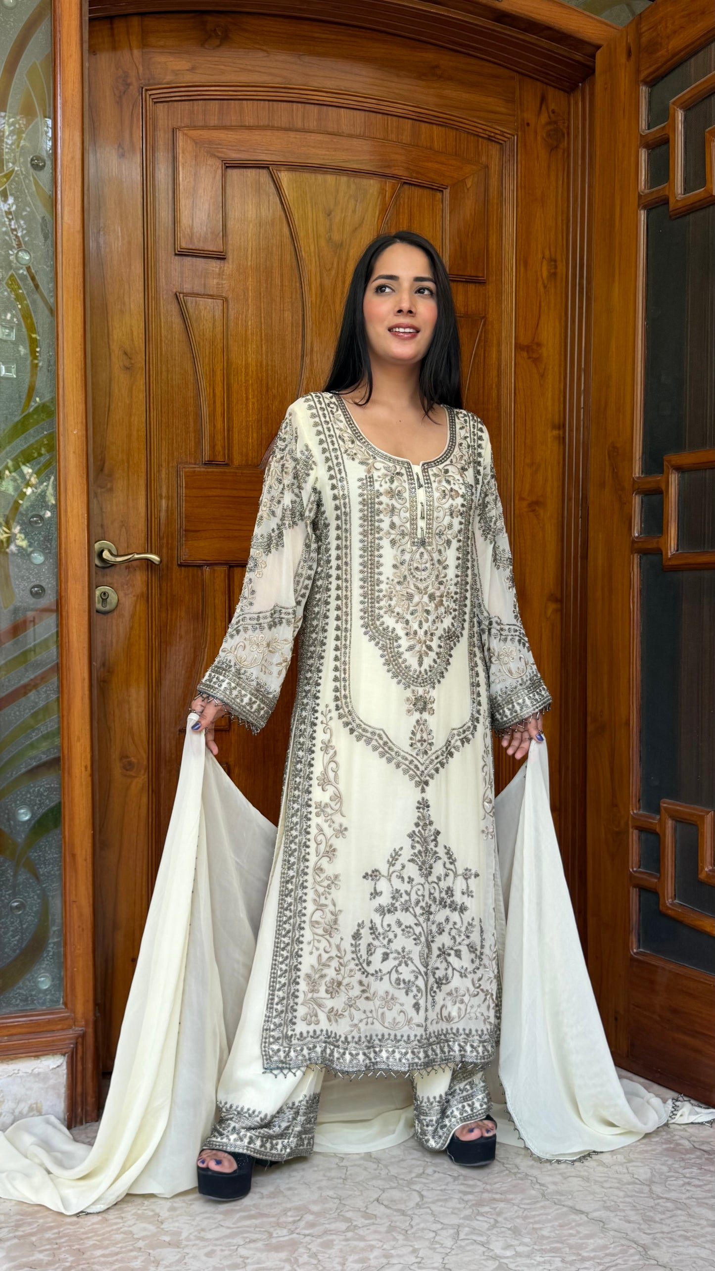 Long Pakistani Georgette Pants Suit with Hand Beads Work