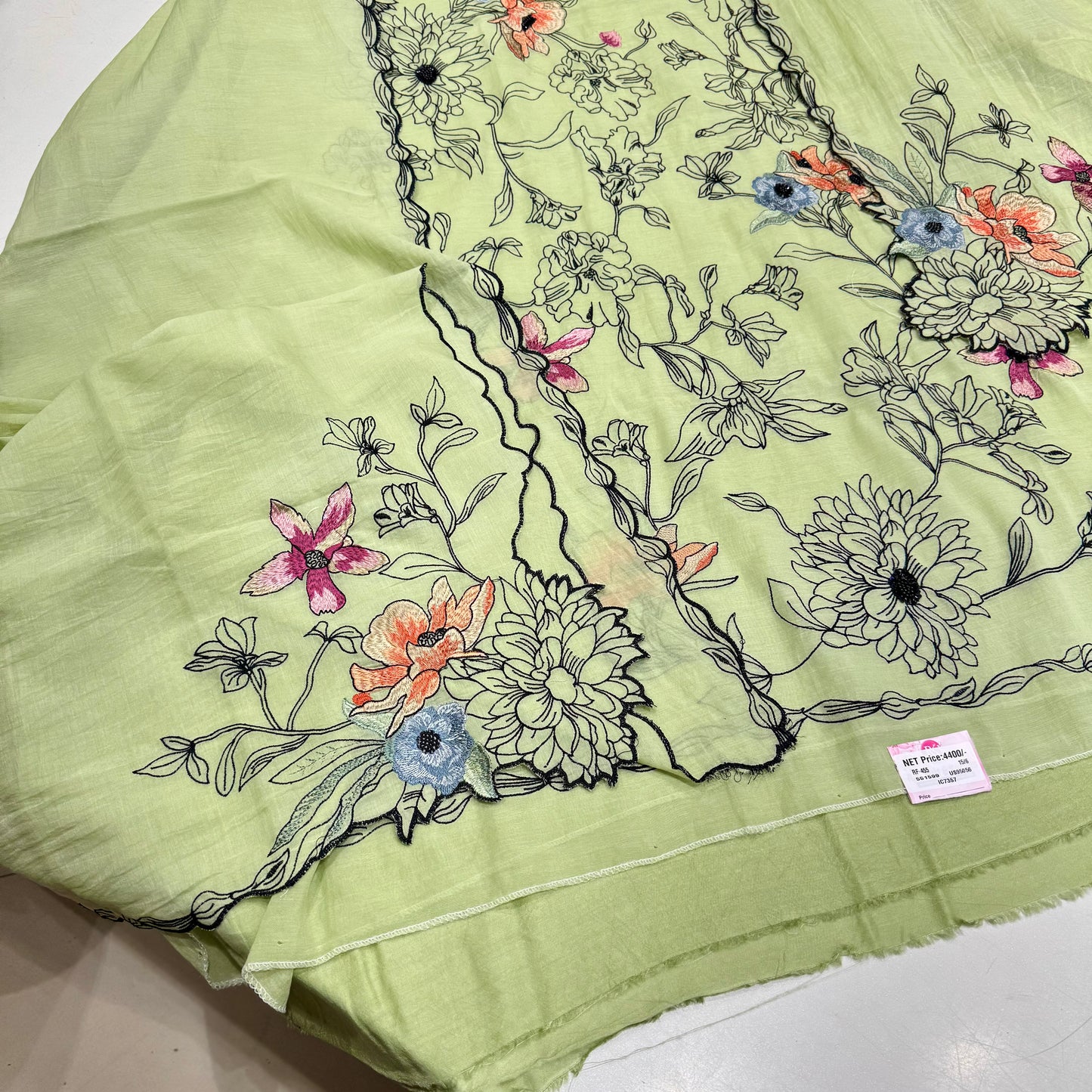 Unstitched Pure Mulmul Kalamkari Suit with Bead Embroidery & Cutwork Dupatta