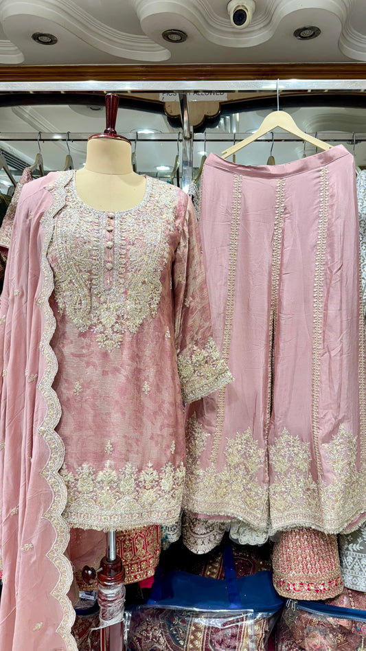 Elegant Pure Glass Organza Zari & Sequin Embroidered Readymade Sharara Suit – Free Size (Up to 44” Bust)