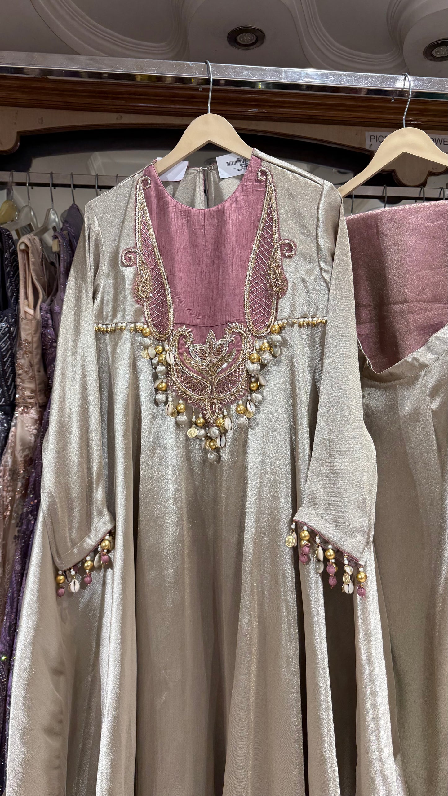 Luxury Shimmer Silk Handembroided Anarkali with pants & contrast Dupatta