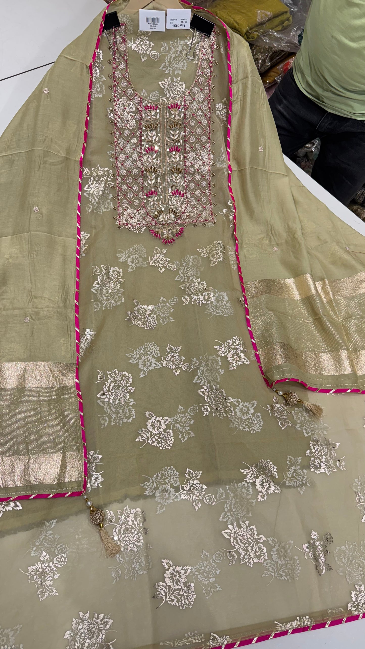 Designer Pure Organza Hand-Embroidered Unstitched Suit with Muslin Dupatta