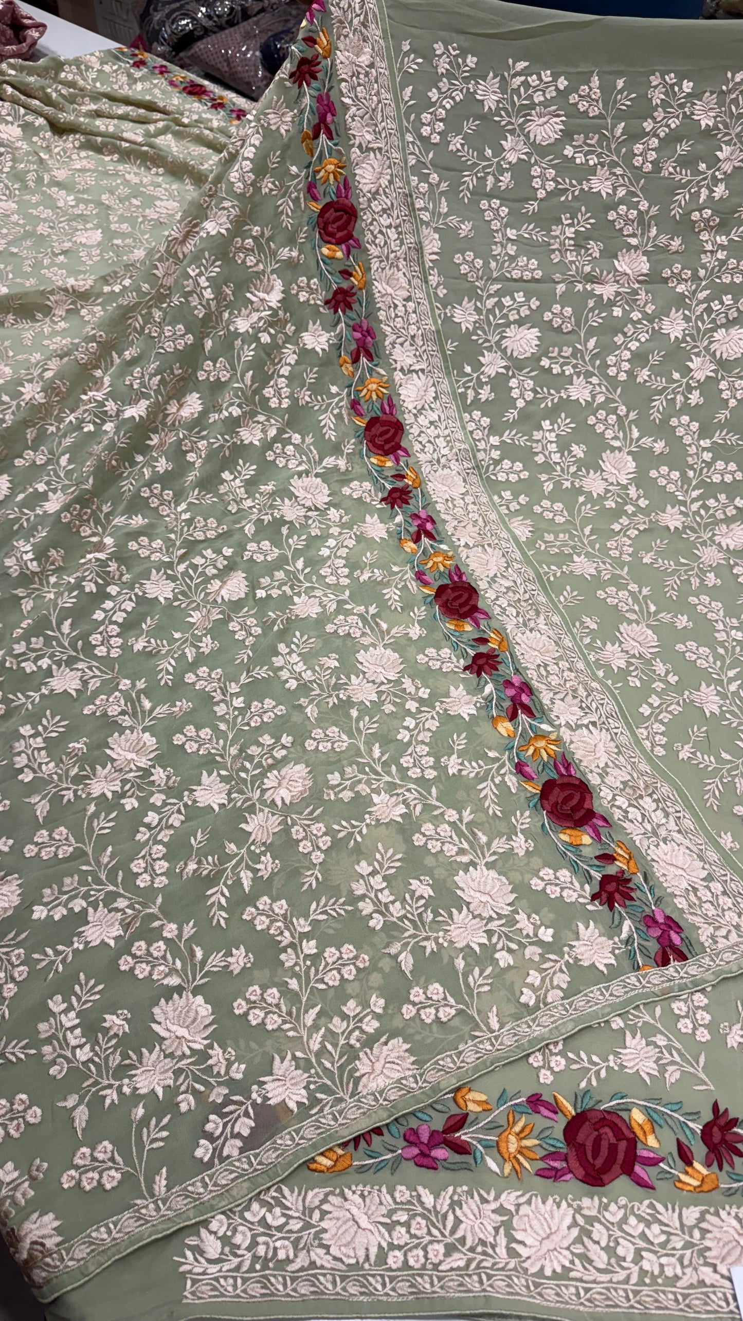 Unstitched Pure Georgette Parsi Embroidered Suit with Heavy Jaal Dupatta | Premium Thread Embroidery | Luxury Designer Party Wear | Opada Silk Bottom