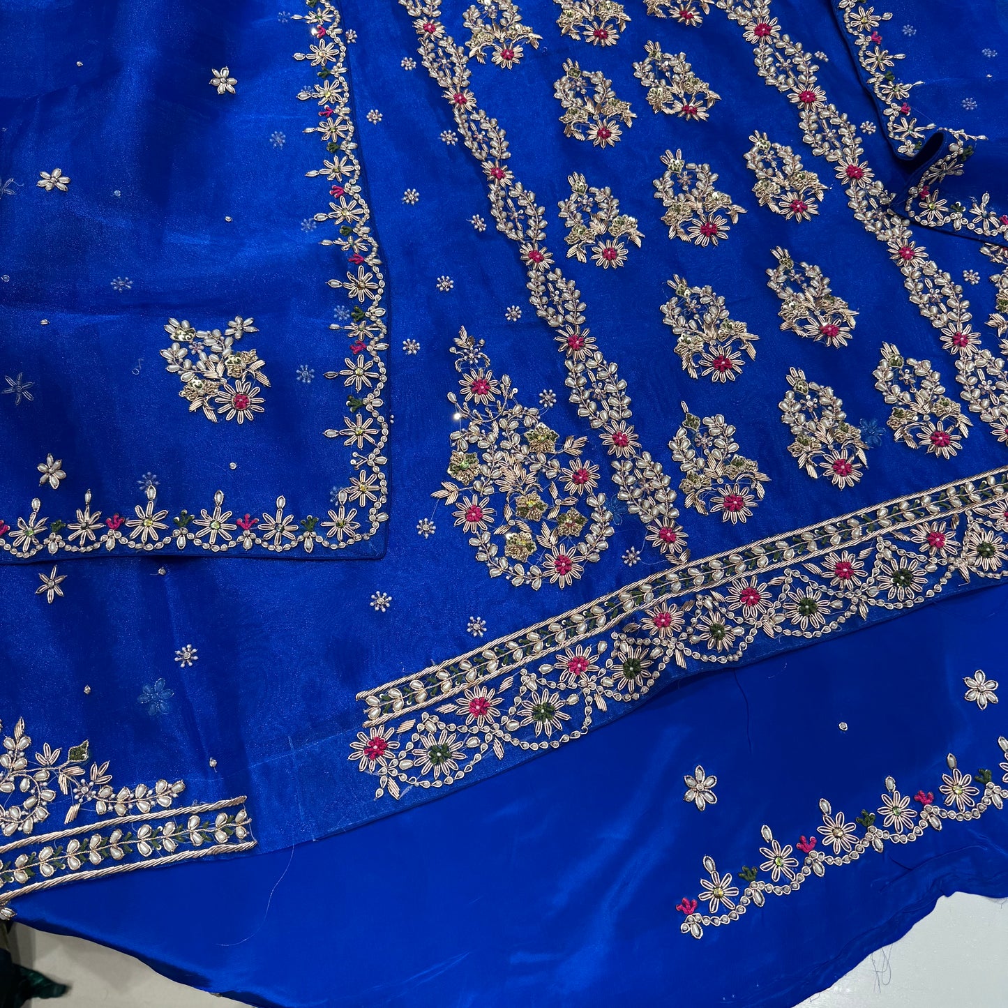 Embroidered Organza Unstitched Suit - Traditional Floral Design with Dupatta (Available in Rust & Royal Blue)