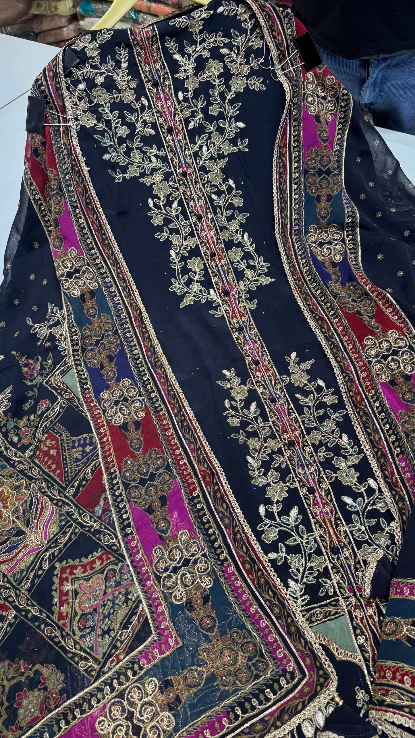 Unstitched Pure Crepe Achkan Style Suit with Zari Embroidery & Chinon Dupatta