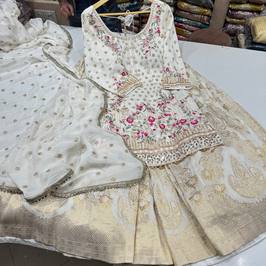 Readymade white handwork sharara set