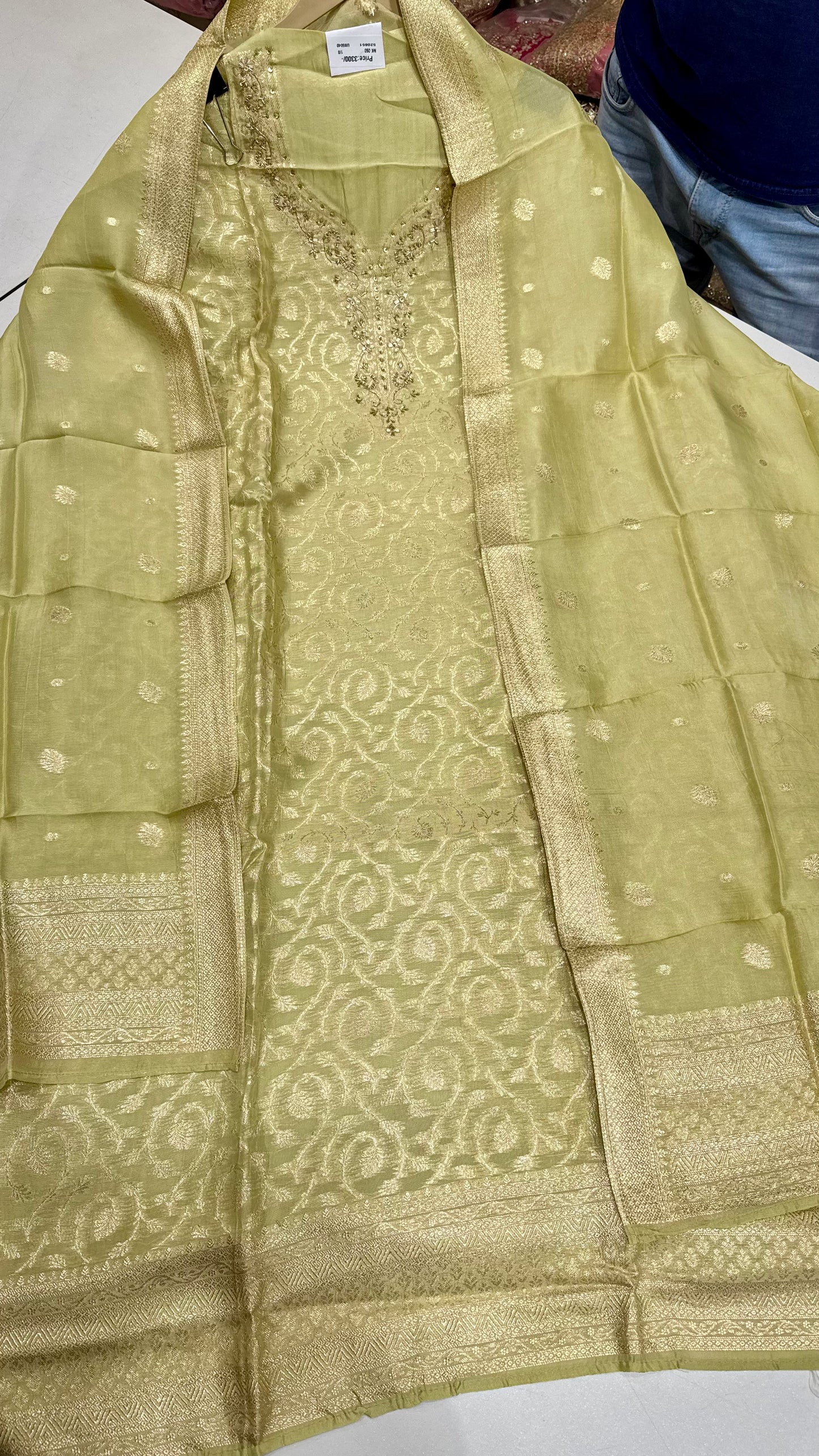 Elegant Banarasi Tissue Unstitched Suit with Dabka Handwork