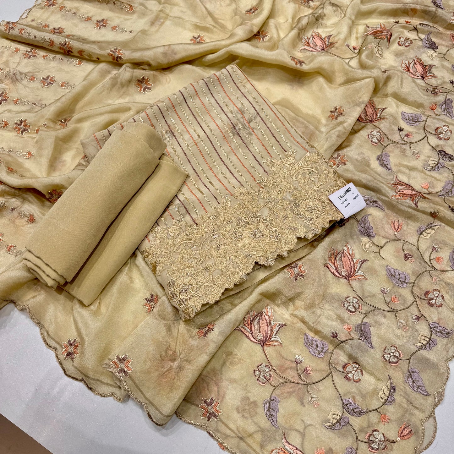 Crepe subtle kalamkari thread and sequin work suit set