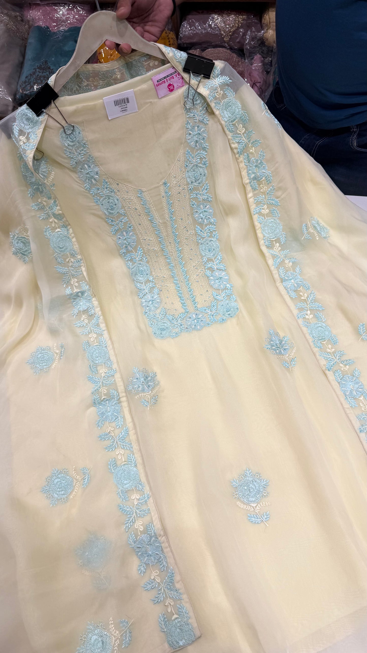 Luxury Pure Organza Unstitched Suit with Hand Embroidered Neck, Ghera & Dupatta Border | Includes Pure Crepe 2.5m Bottom