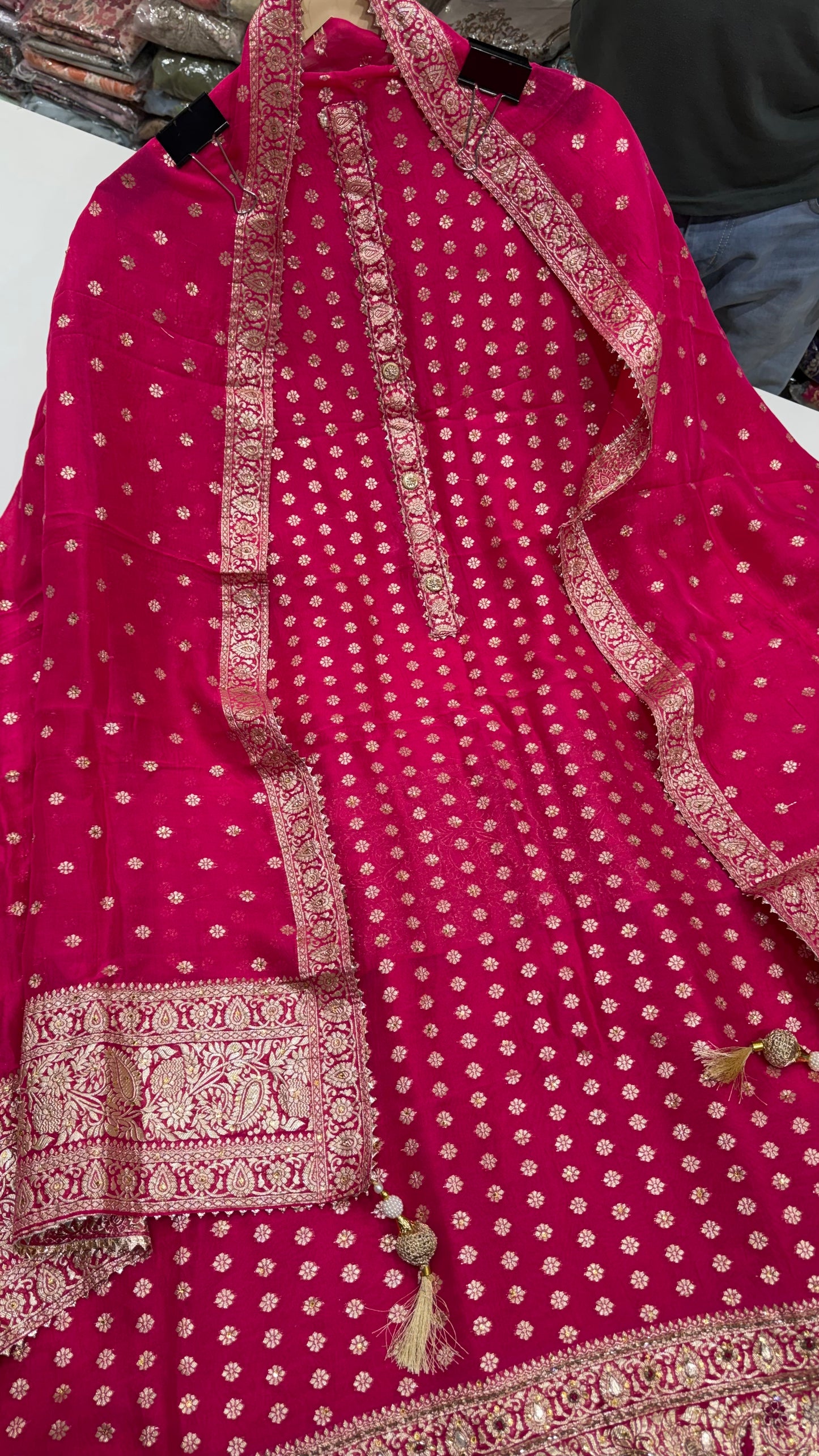 Luxury Unstitched Pure Mysore Georgette Suit with Handloom Zari Weaving & Hand Embroidery | Premium Designer Wedding & Festive Wear Dress Material