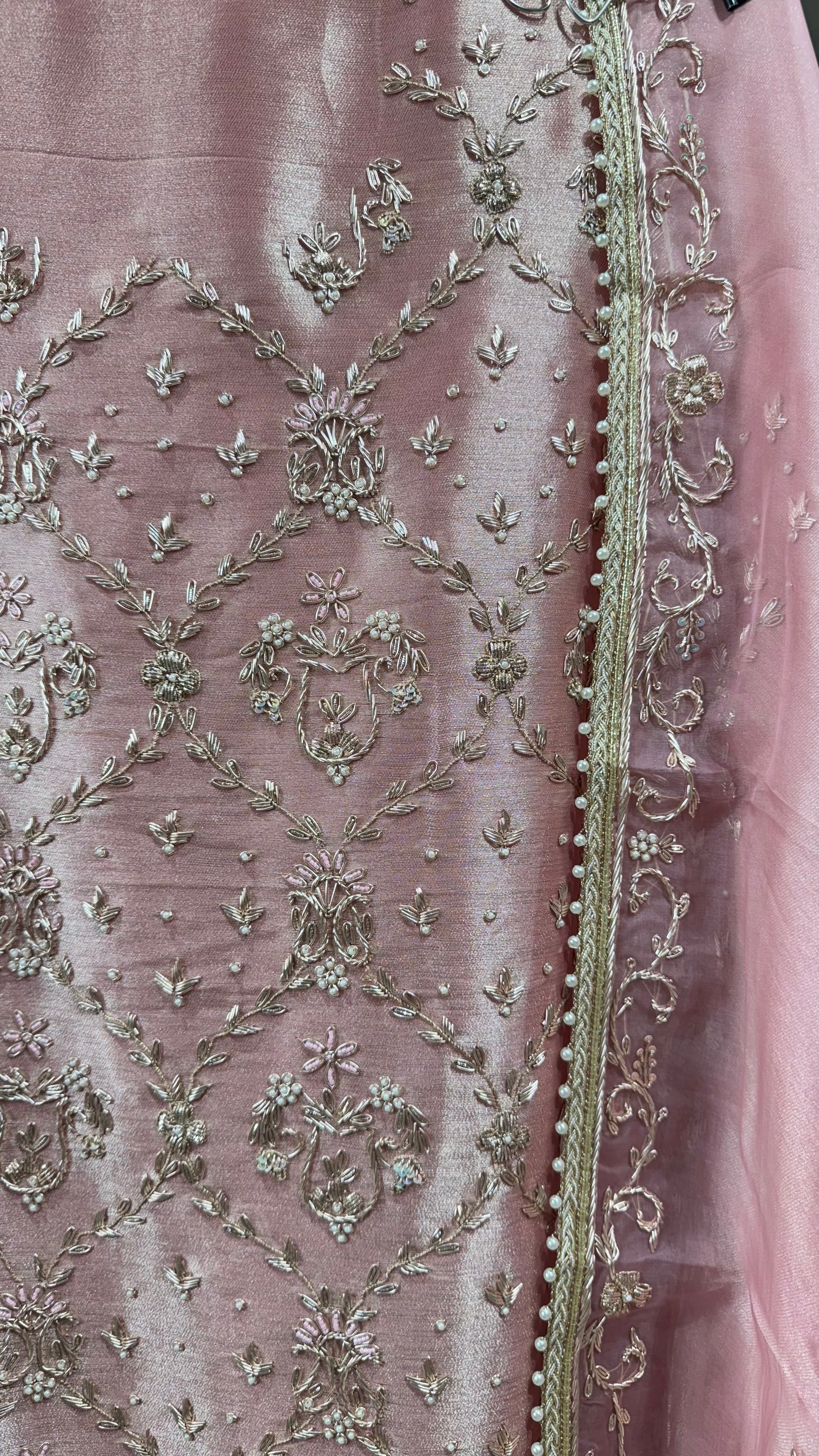 Luxury Shimmer Tissue (Jiraf Silk) Unstitched Suit with Dabka ,Zardozi & Pearl Detailing