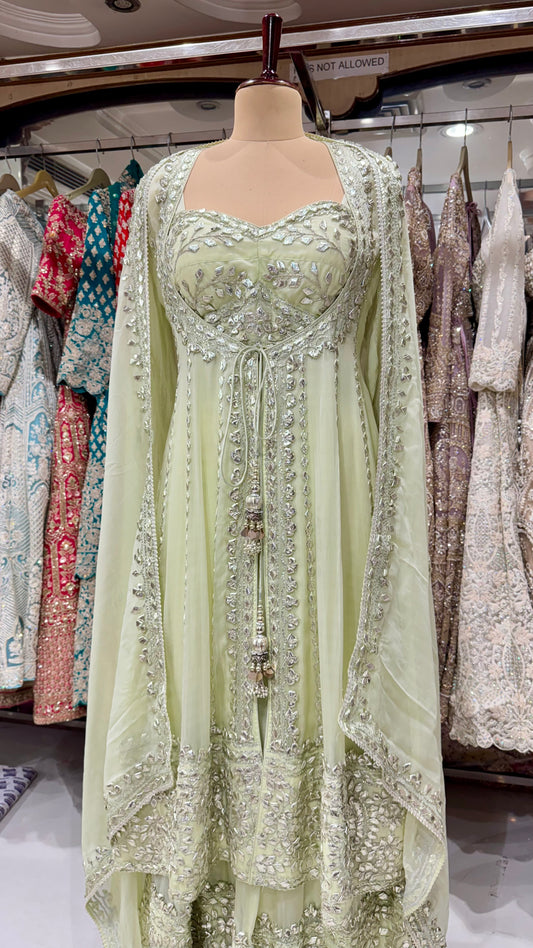 Designer Indo-Western Readymade Lehenga with Choli & Anarkali Cape – Free Size (Up to 44” Bust)