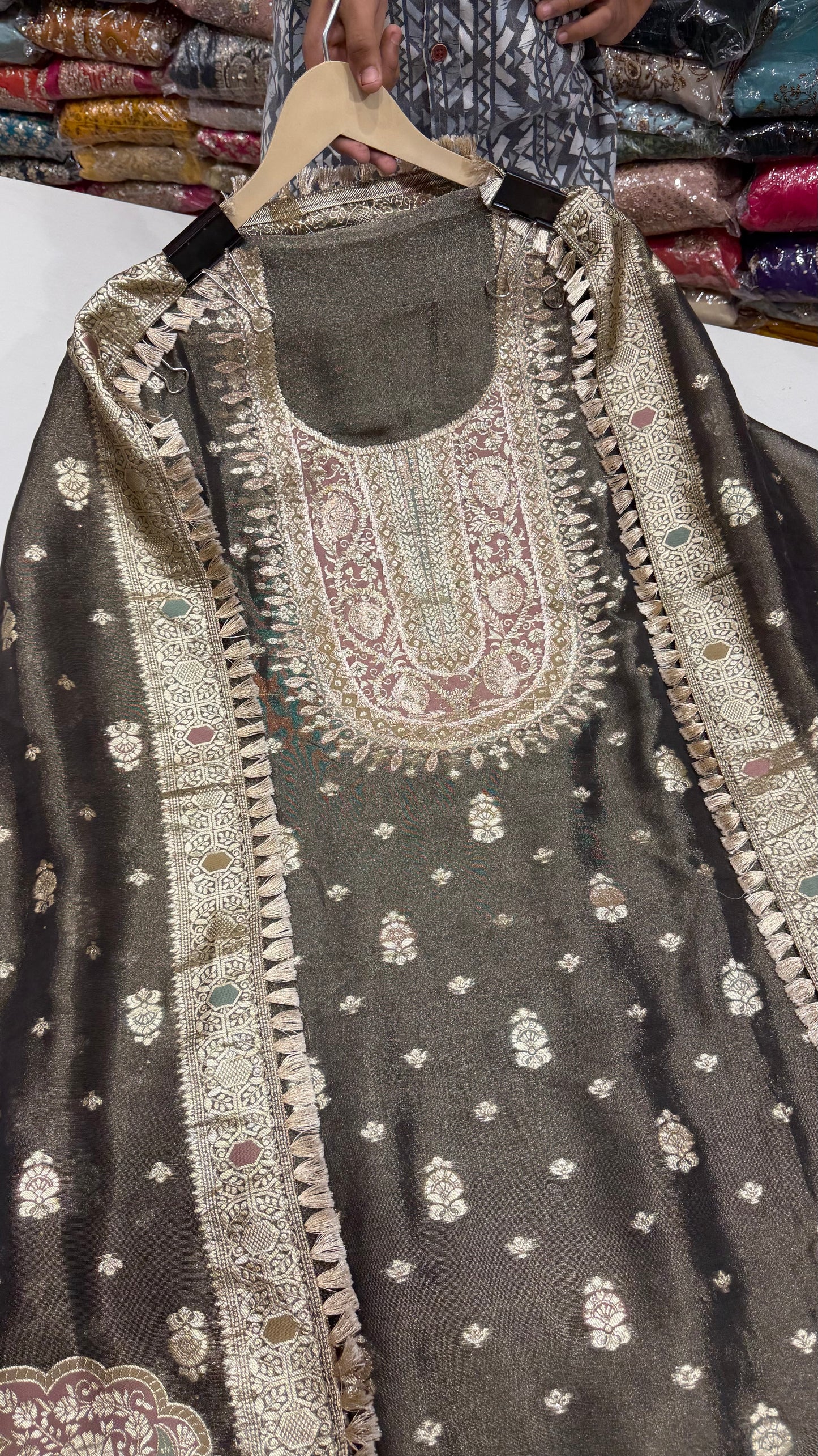 Luxury Banarasi Tissue Unstitched Suit with Gotta Patti Embroidery | Designer Tissue Dress Material with Banarasi Woven Dupatta & Opada Silk Bottom