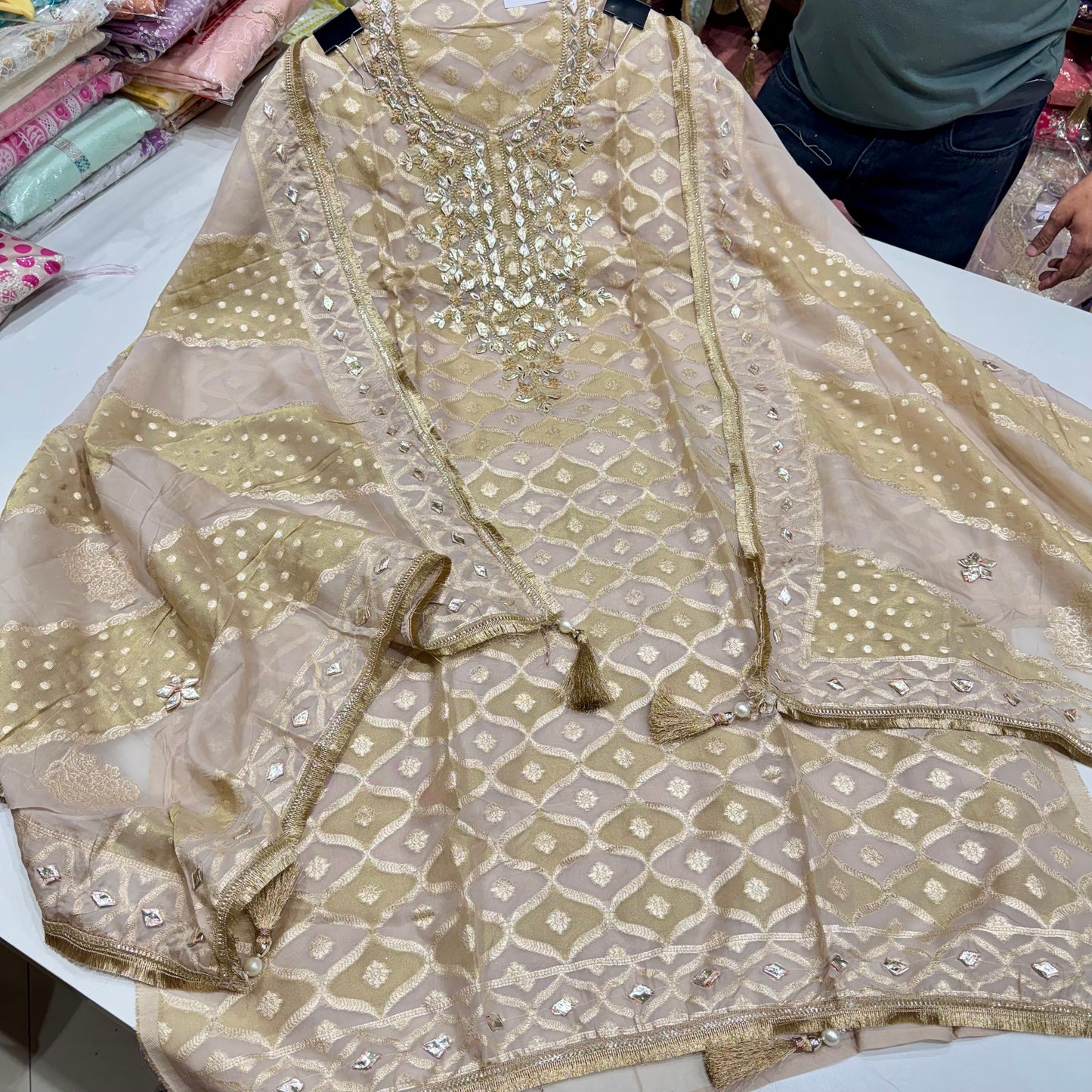 Luxury Banarasi Tissue Unstitched Suit Set – Gota Patti Glam with Statement Dupatta & Silk Bottom (2.5m)