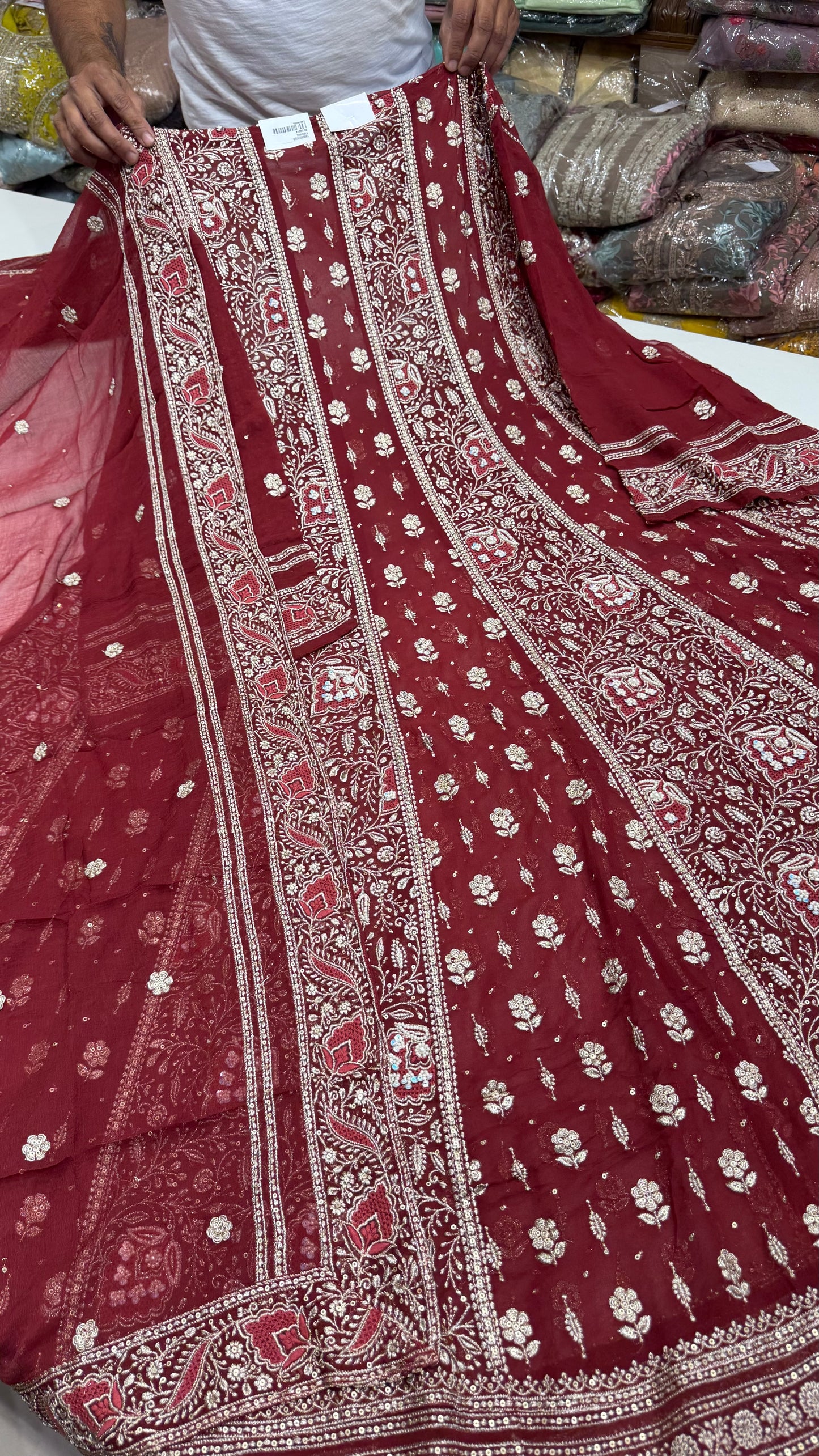Luxury Unstitched Pure Georgette Zari Lakhnavi Anarkali Suit with Resham, Sequin & Pearl Handwork | Designer Wedding & Party Wear Suit