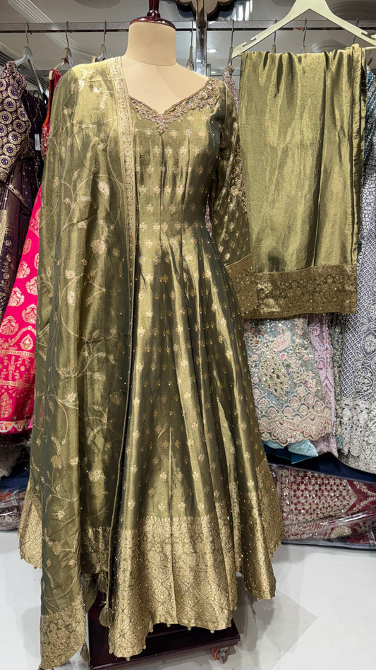Luxury Readymade Pure Kheenkhaan Tissue Anarkali Suit with Sharara & Full Weaved Tissue Designer Dupatta