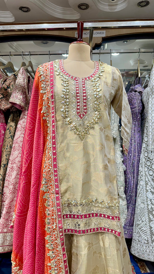 Regal Rajwada Hand Embroidered Mysore Tissue Lehenga Suit – Readymade (Free Size up to 44 Bust)