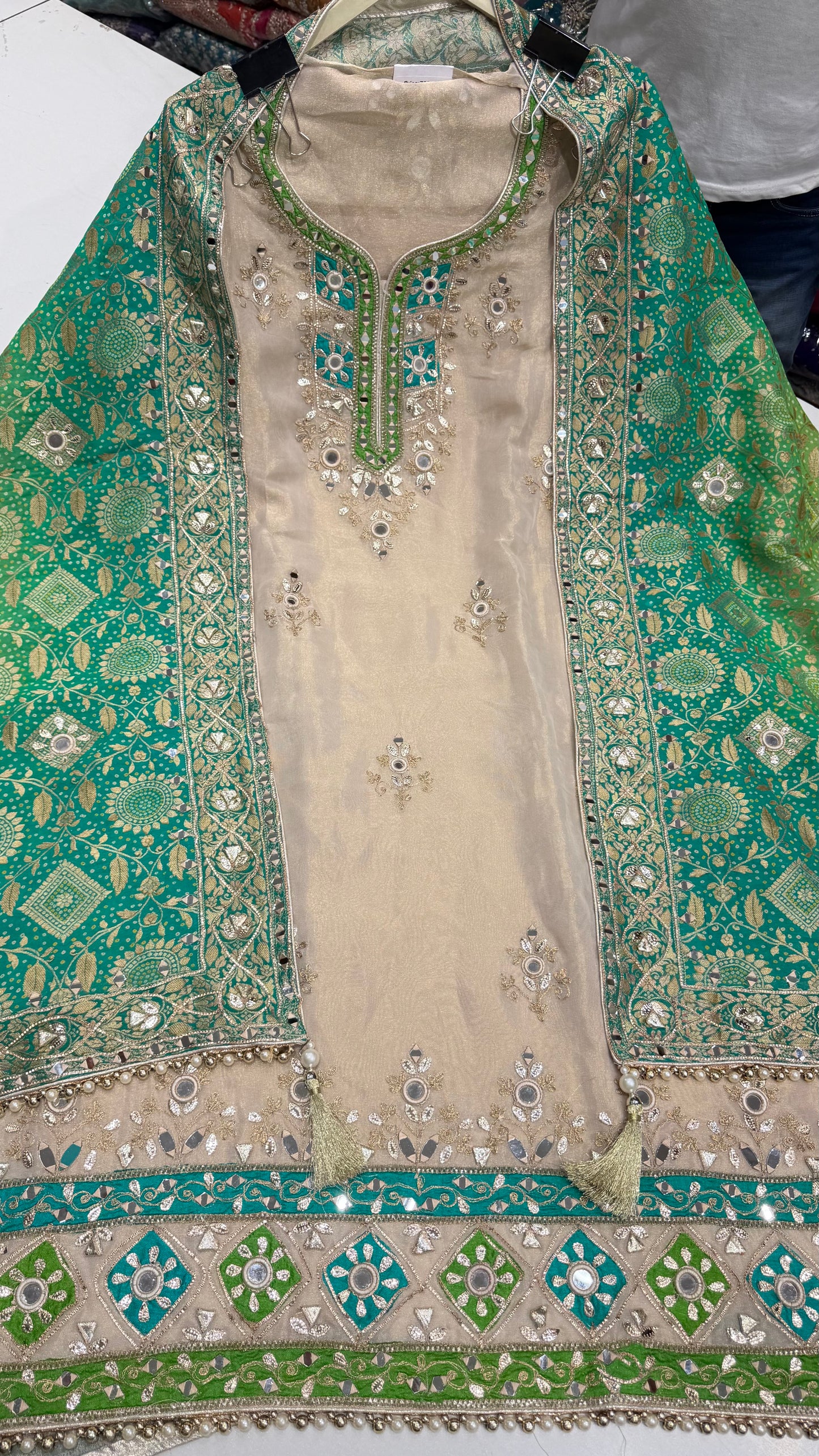 Luxury Pure Tissue Gotta Patti Unstitched Suit with Mirror Work | Designer Tissue Suit with Mysore Georgette Dupatta & Opada Silk Bottom