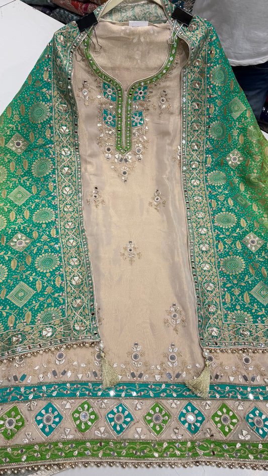 Luxury Pure Tissue Gotta Patti Unstitched Suit with Mirror Work | Designer Tissue Suit with Mysore Georgette Dupatta & Opada Silk Bottom