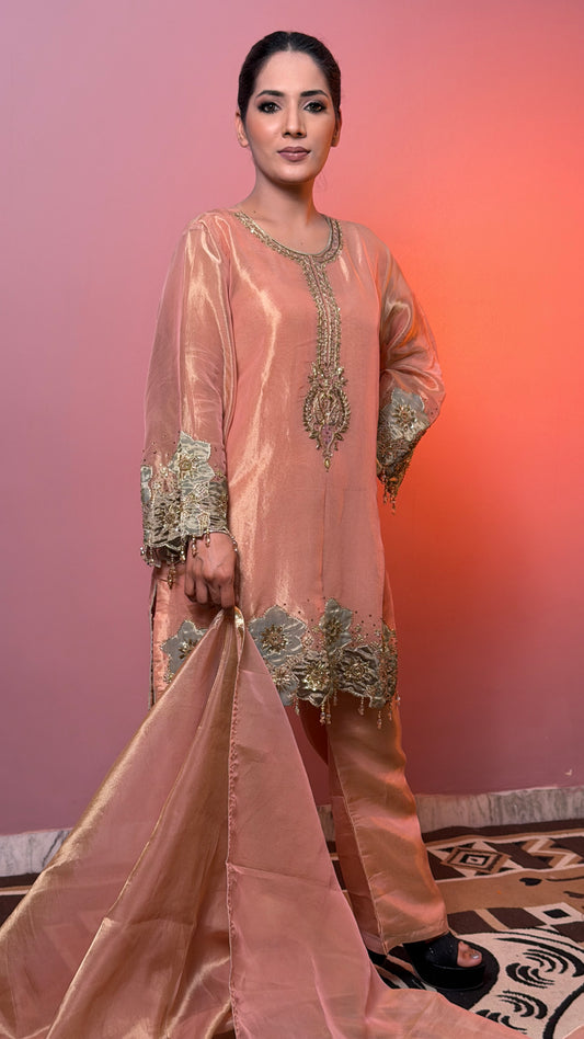 Blush Peach Pure Tissue Handcrafted Zardozi Straight Suit with Pants