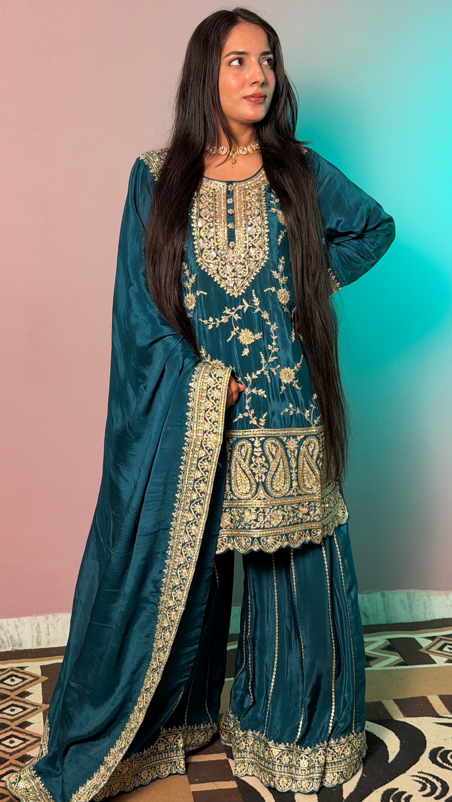 Emerald Elegance Handcrafted Zardozi Sharara Suit Set
