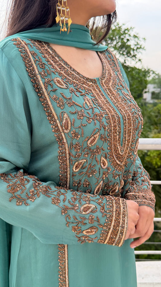 Elegant Teal Chinon Suit with Embroidered Pants & Dupatta
