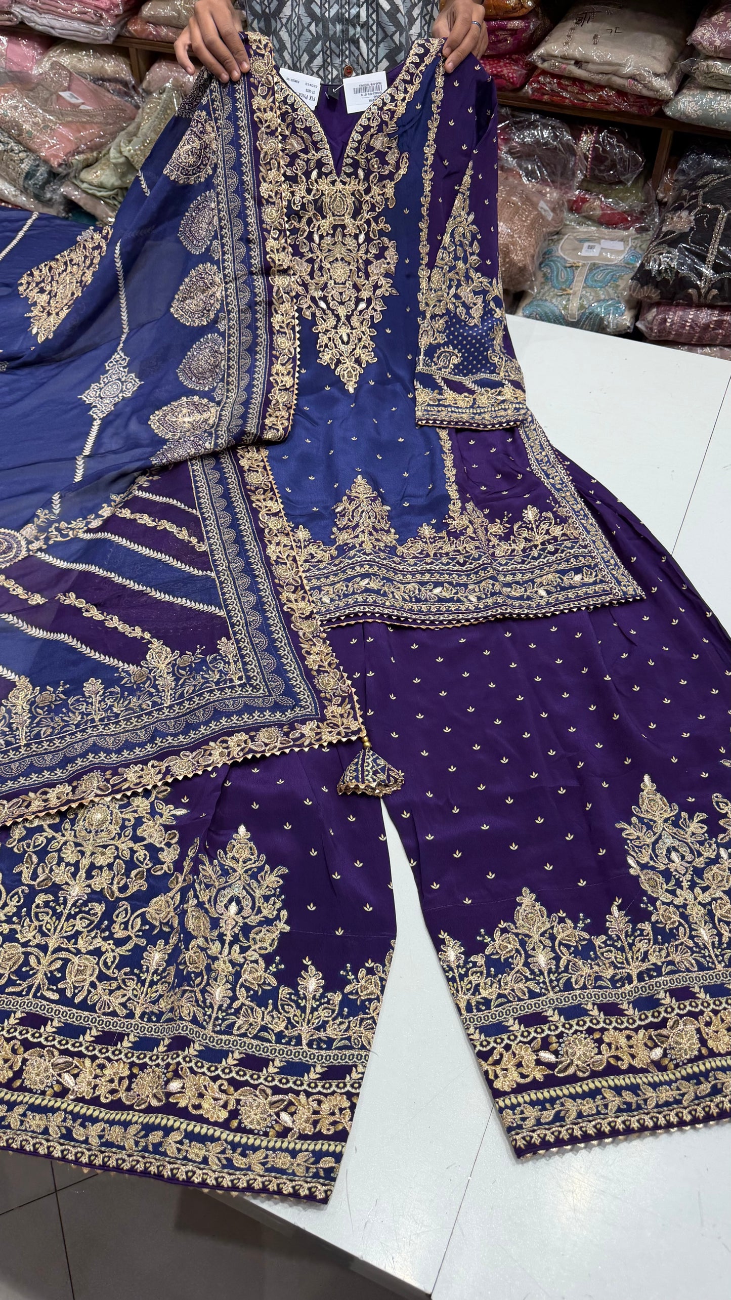 Royal Purple Readymade Farshi Salwar Suit | Pure Crepe Designer Suit with Heavy Zari Hand Embroidery | Chinon Dupatta Luxury Ethnic Wear