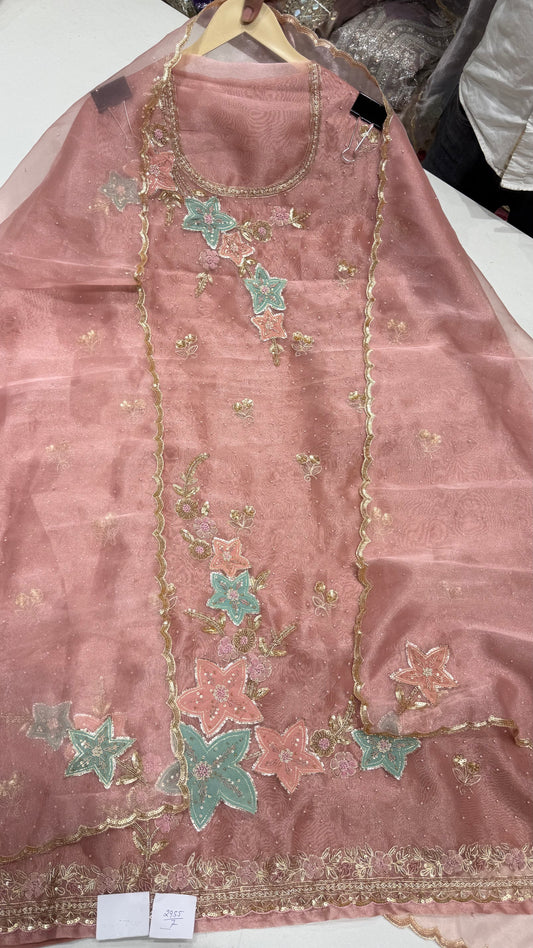 ✨ Luxury Pure Glass Organza Hand-Embroidered Unstitched Suit Set