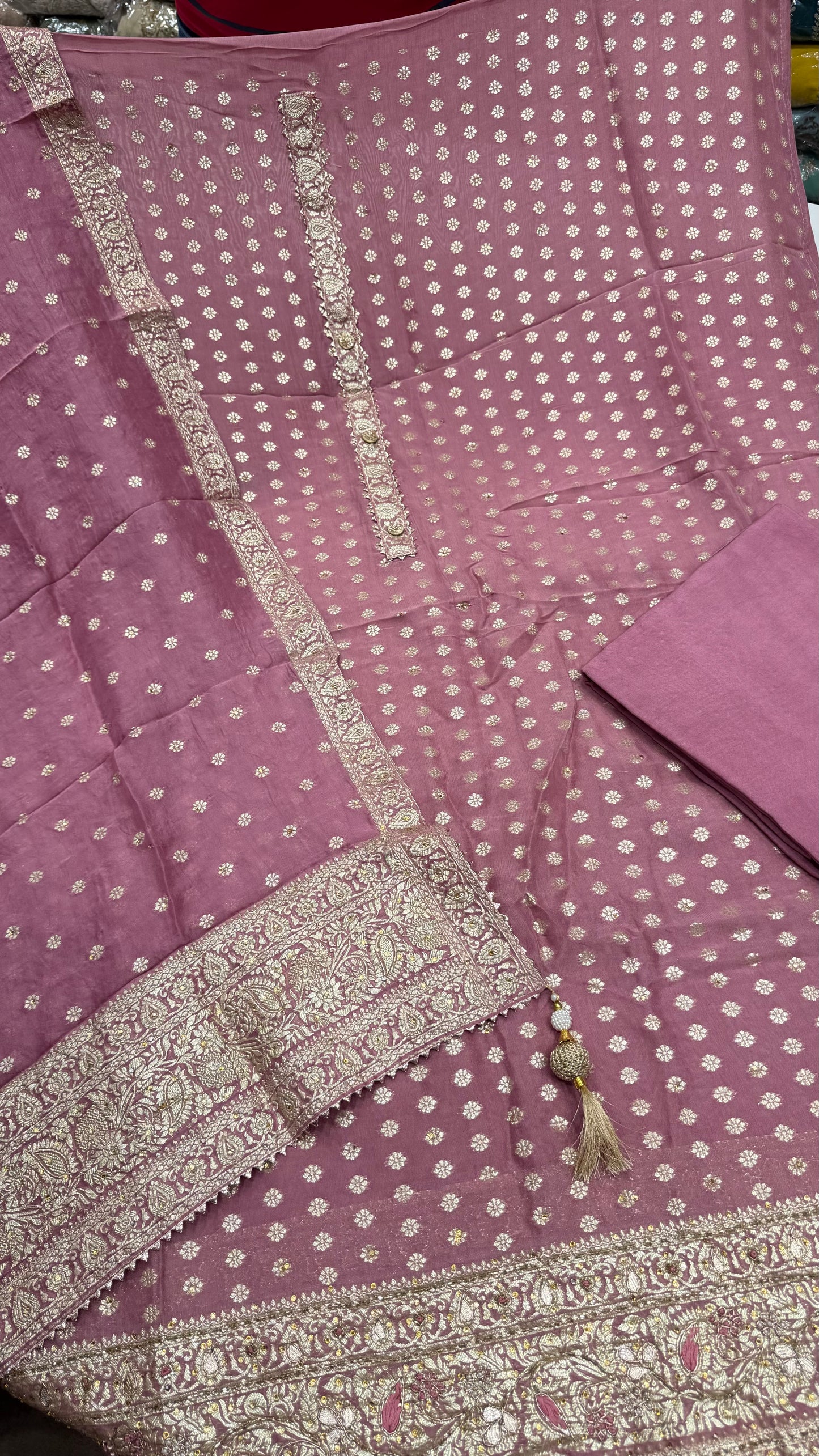 Luxury Unstitched Pure Mysore Georgette Suit with Handloom Zari Weaving & Hand Embroidery | Premium Designer Wedding & Festive Wear Dress Material