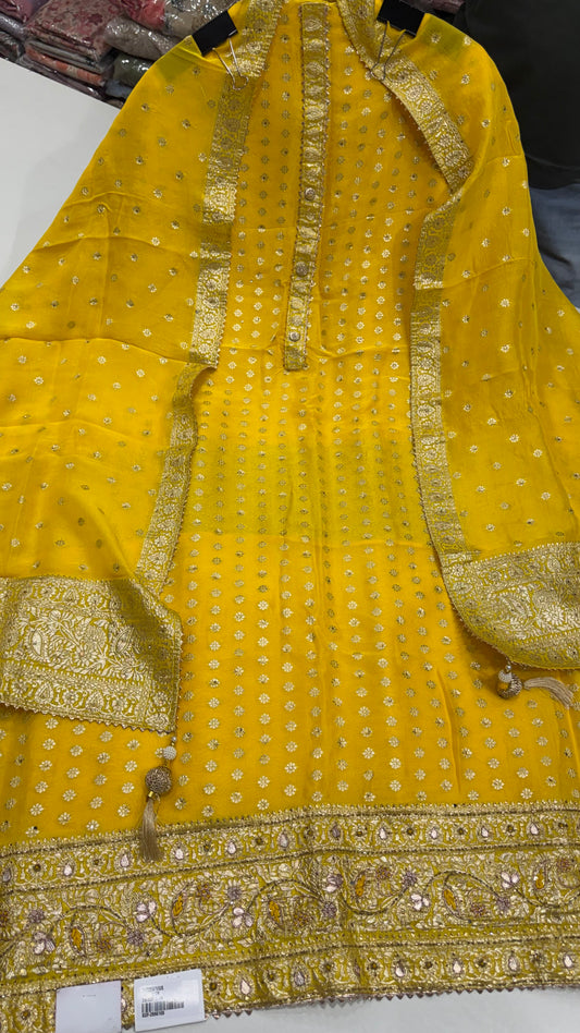 Luxury Unstitched Pure Mysore Georgette Suit with Handloom Zari Weaving & Hand Embroidery | Premium Designer Wedding & Festive Wear Dress Material