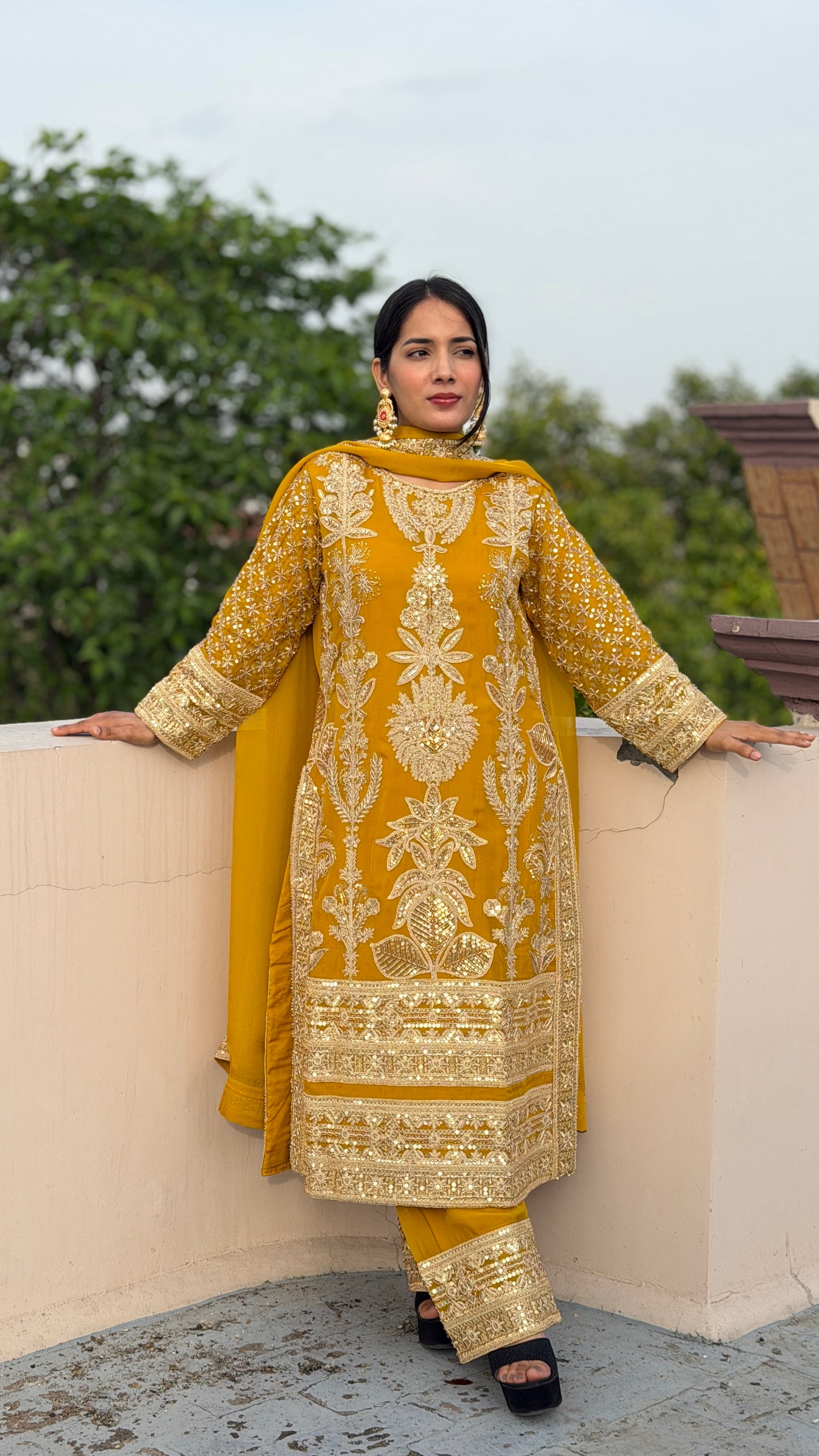 Mustard Gold Organza Luxe Pakistani Suit Set