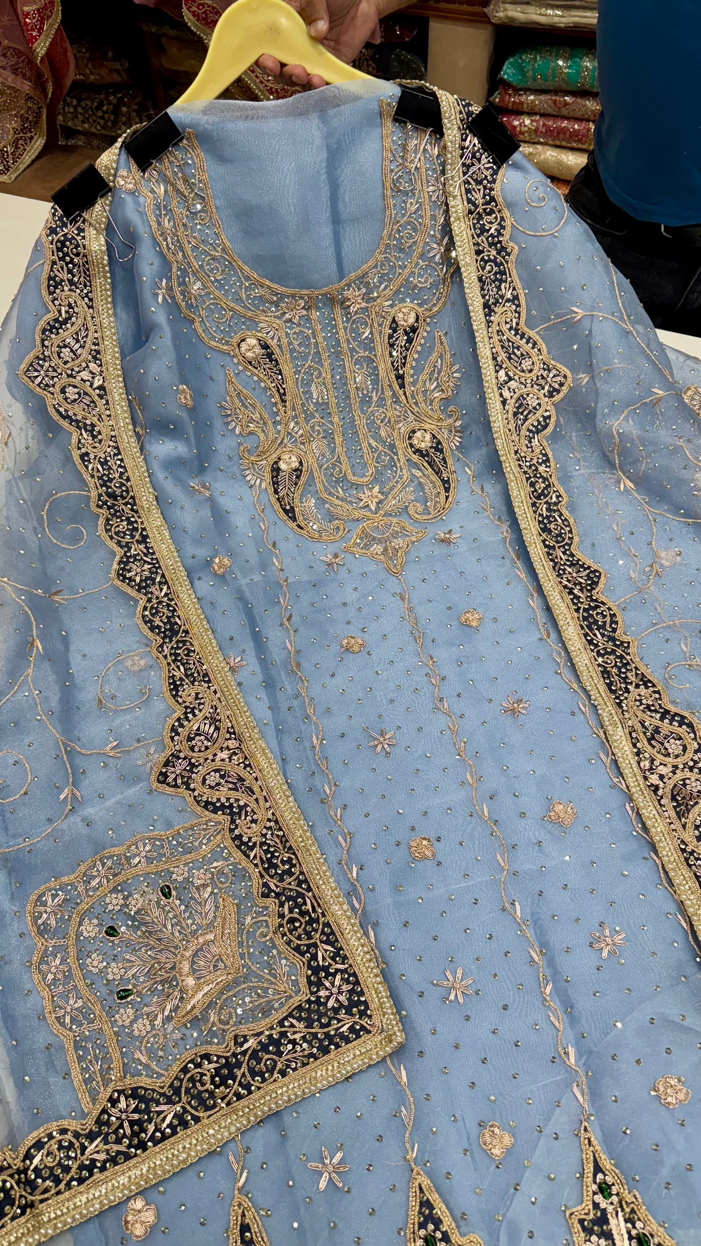 Royal Farukhabadi Hand-Embroidered Unstitched Glass Organza Suit