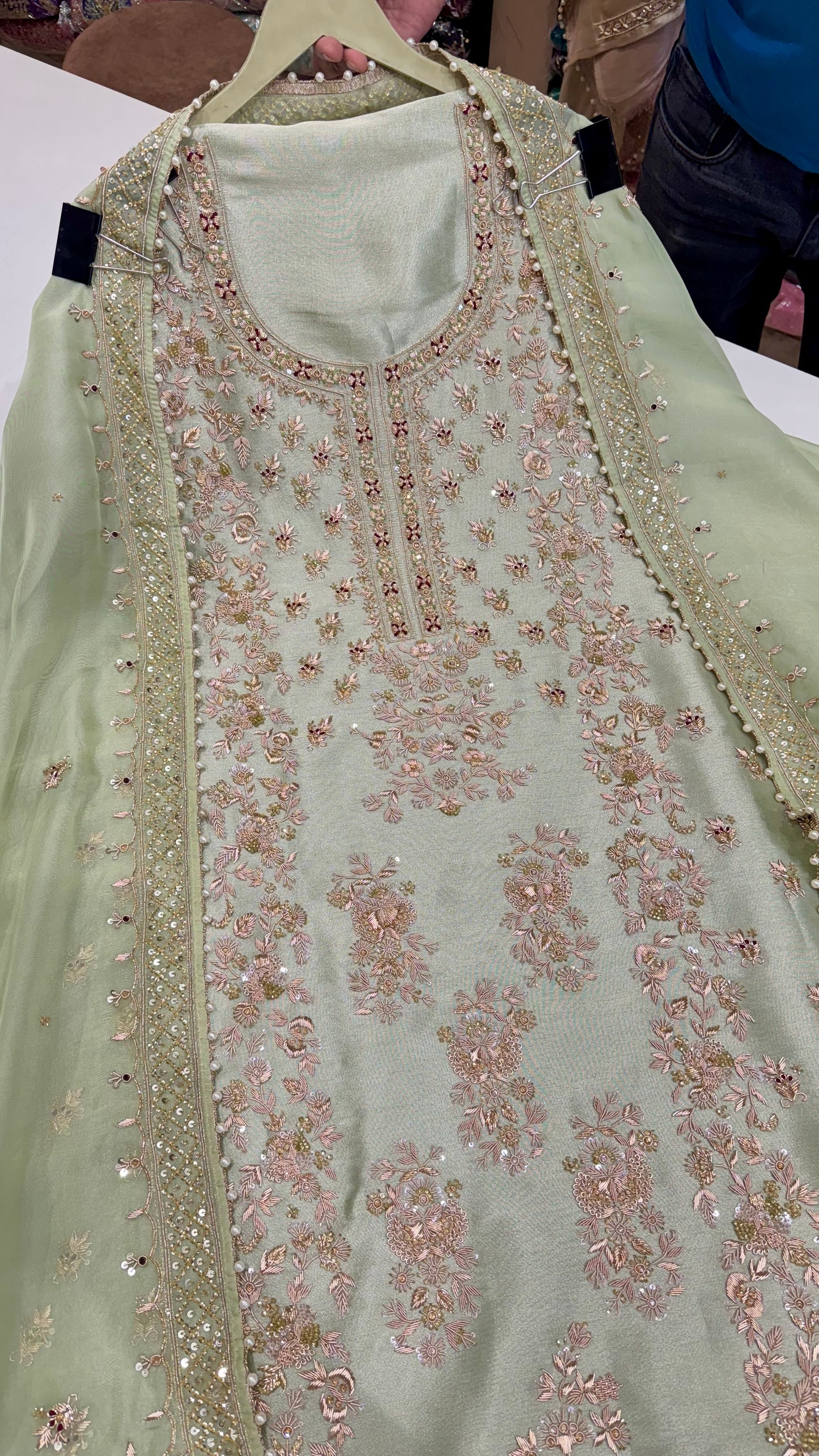 Pure Shimmer Tissue Unstitched Suit with Zardozi & Dabka Hand Embroidery