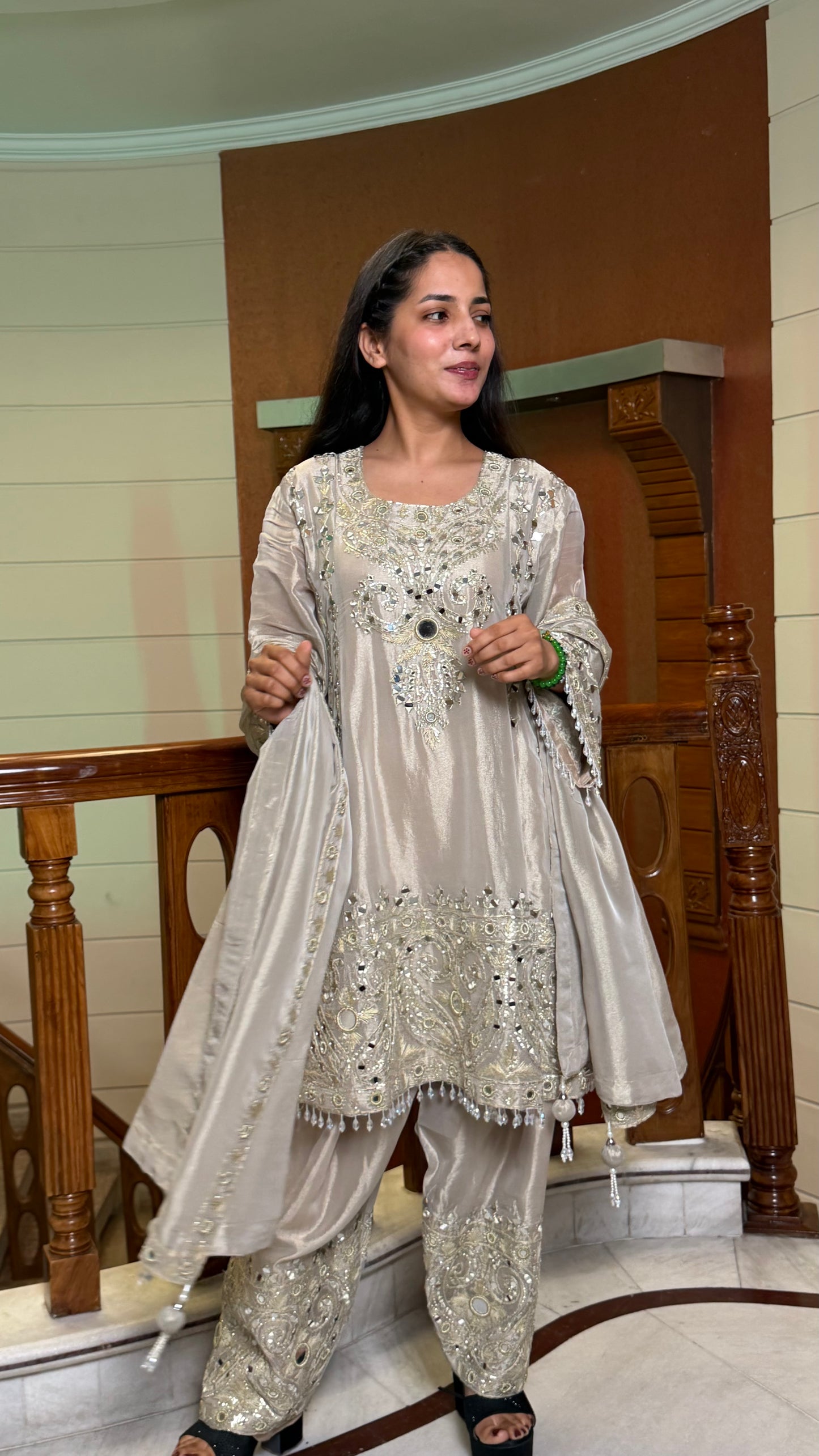 Champagne Beige Pure Tissue Short Anarkali with Farshi Salwar Set