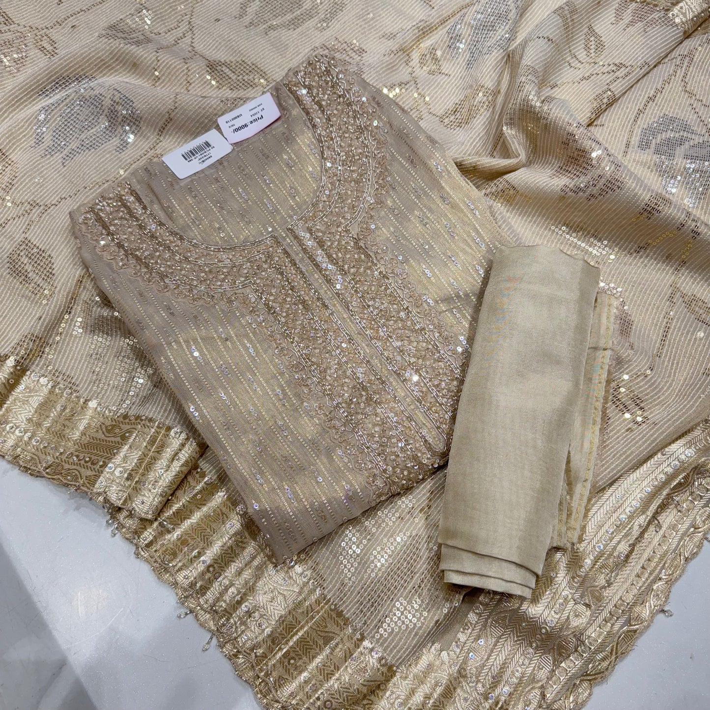 Ivory gold banarsi tissue handwork neck sequin dupatta suit set