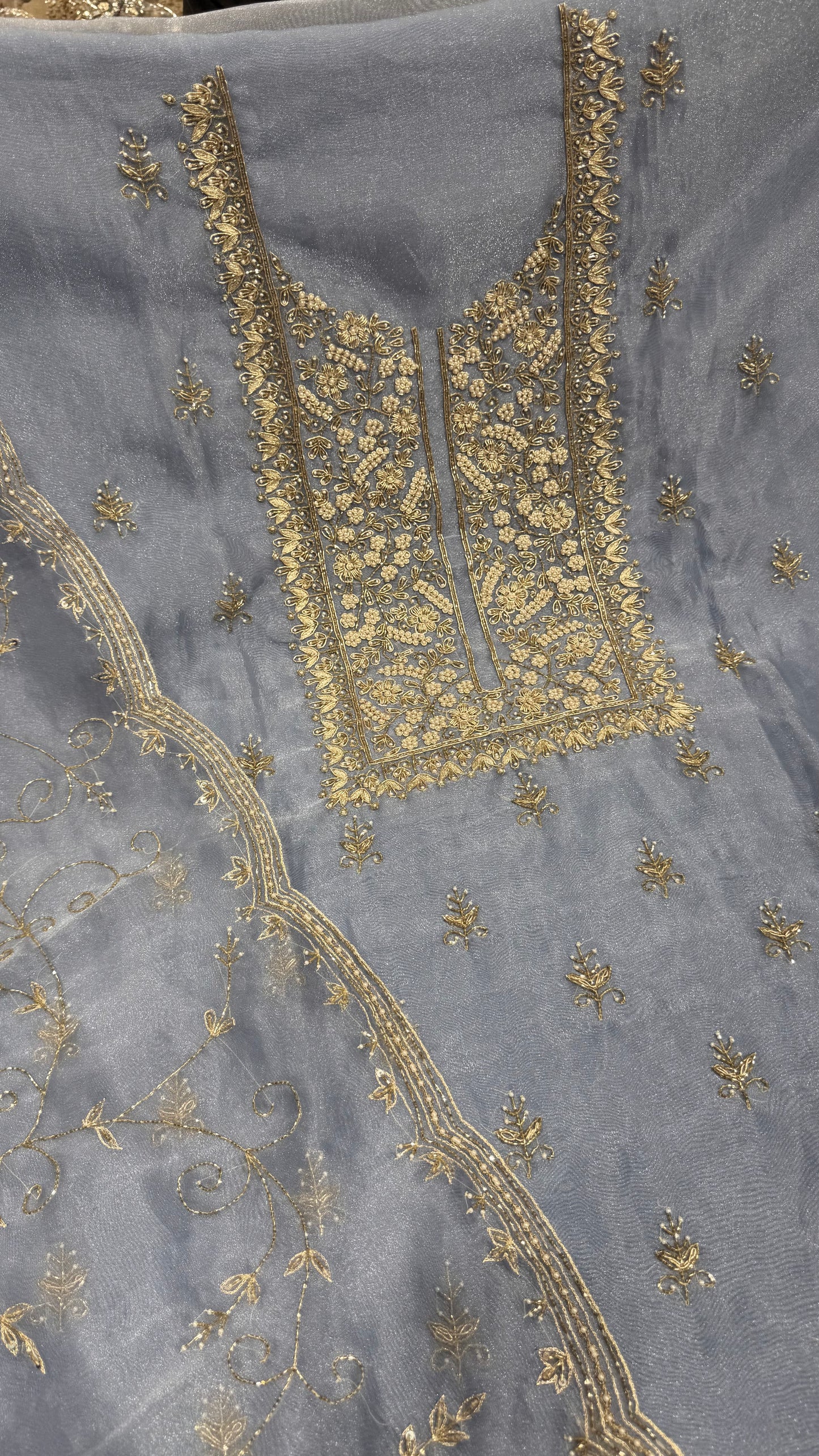 Luxury Unstitched Pure Glass Organza Hand Embroidered Suit with Nakshi, Pearls & Cutdana Work | Premium Designer Wedding & Party Wear Dress Material